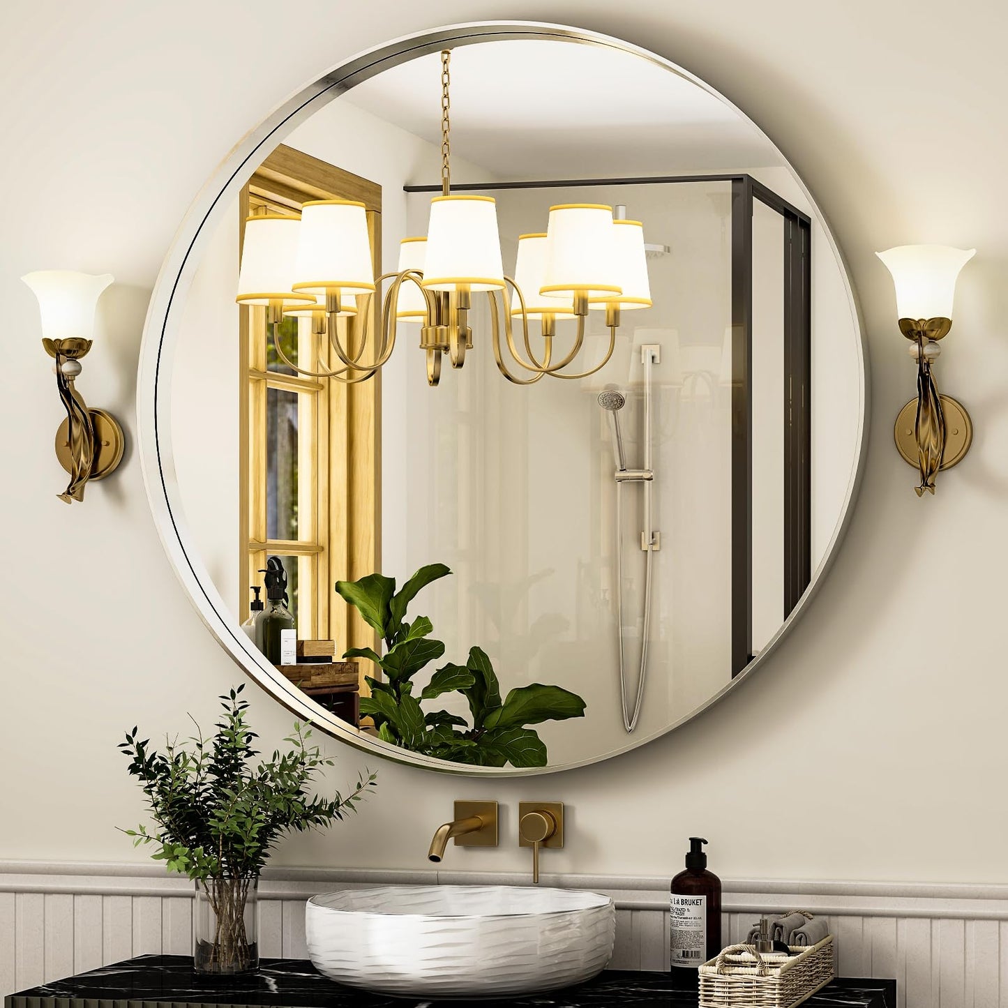 Easly 24 Inch Round Bathroom Mirror - Wall Mounted Circle Mirror with Metal Frame, Modern Mirror Suitable for Bathroom, Vanity, Entryway, Living Room, Wall Decor，Silver