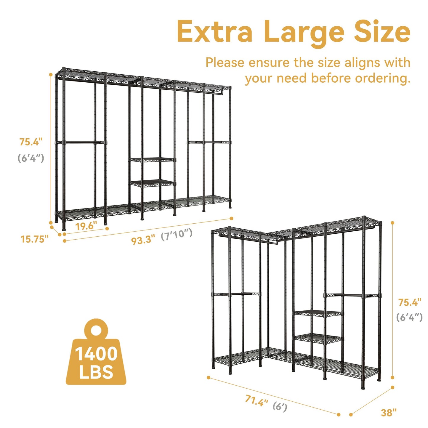 Higeego H5 Extra Large Wire Garment Rack, Heavy Duty Clothes Rack, Large Wardrobe Closet, Freestanding Closet Rack for Hanging Clothes, Clothing Racks with Adjustable Shelf, 93.3"Lx15.7"Wx75.4"H,Black