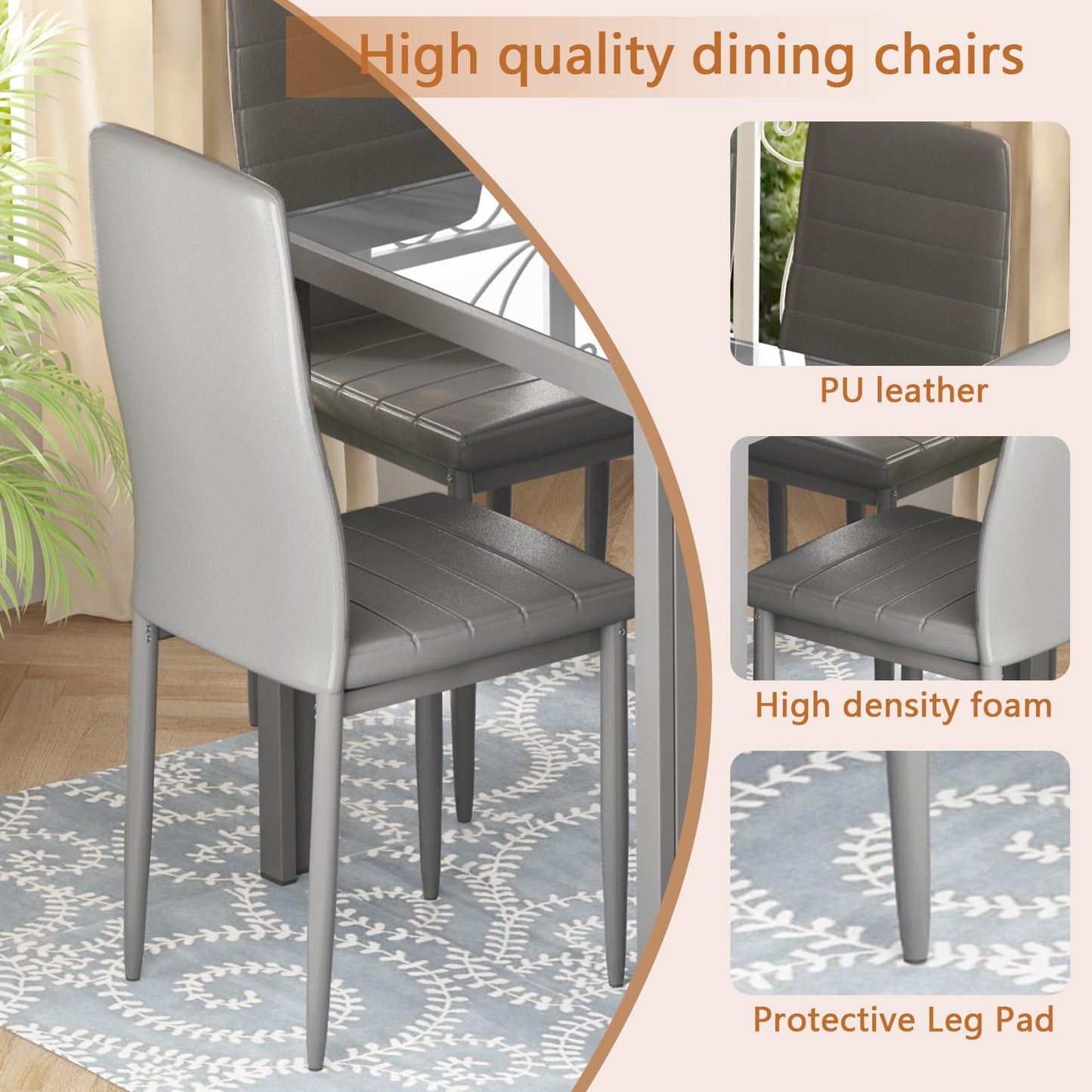 Recaceik Glass Dining Table Sets for 6, 7 Piece Kitchen Table and Chairs Set for 6 Person, Tempered Glass Table and PU Leather Chairs Modern Dining Room Sets for Small Space