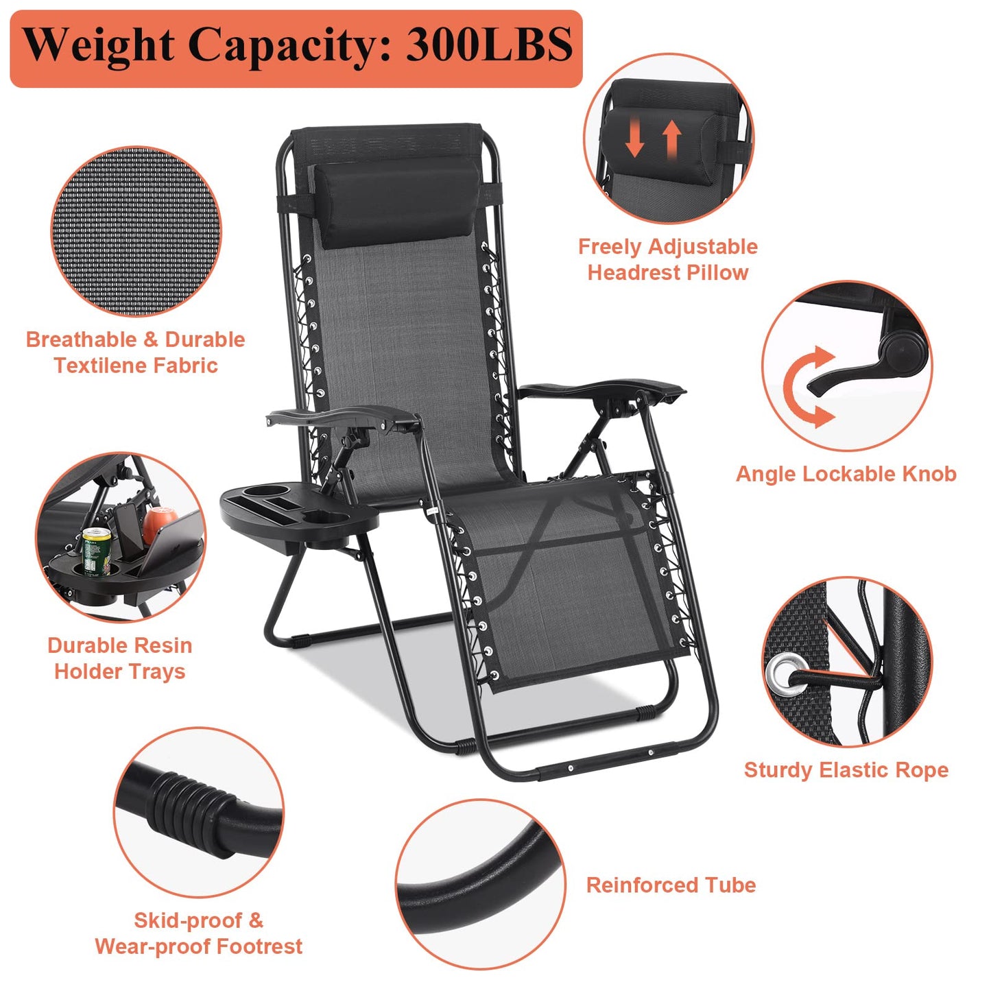 Pazidom Zero Gravity Chair Set of 2, Folding Lounge Chair Adjustable Reclining Chair Camping Lawn Chair w/Pillow and Cup Holder Tray, Folding Chair Outdoor Chair - Comfortable & Breathable, Black