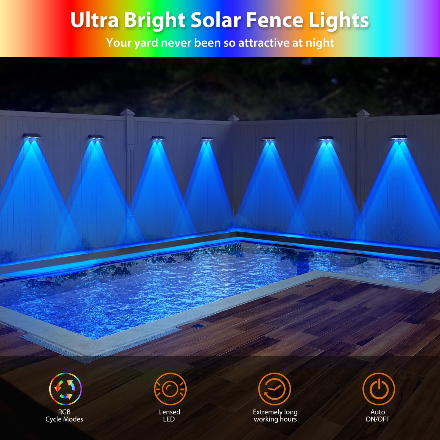 Solar Fence Lights ,RGB & Warm White & 6 Colors Bright Lens LED Dusk to Dawn Deck Light, Fence Solar Lights Outdoor Waterproof, Solar Outdoor Lights for Backyard/Railing/Wall/Step/Patio/Pool (12Pack)