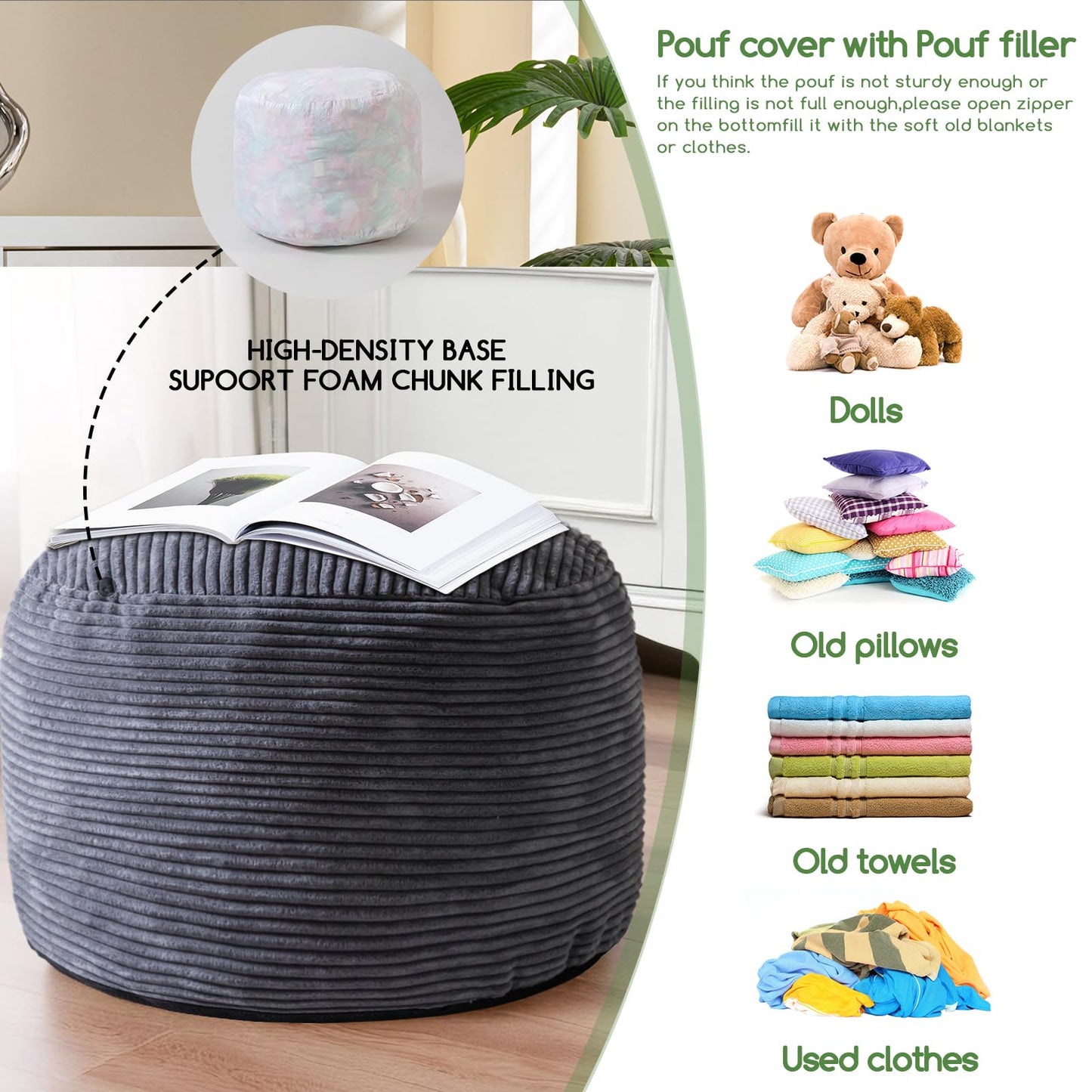 HIGOGOGO Round Stuffed Pouf Ottoman, Corduroy Poufs with Foam Chunk Filling, Furry and Fluffy Pouf Foot Stool Storage Ottoman, 20 X 15 Floor Poufs Foot Rest for Living Room, Dark Grey