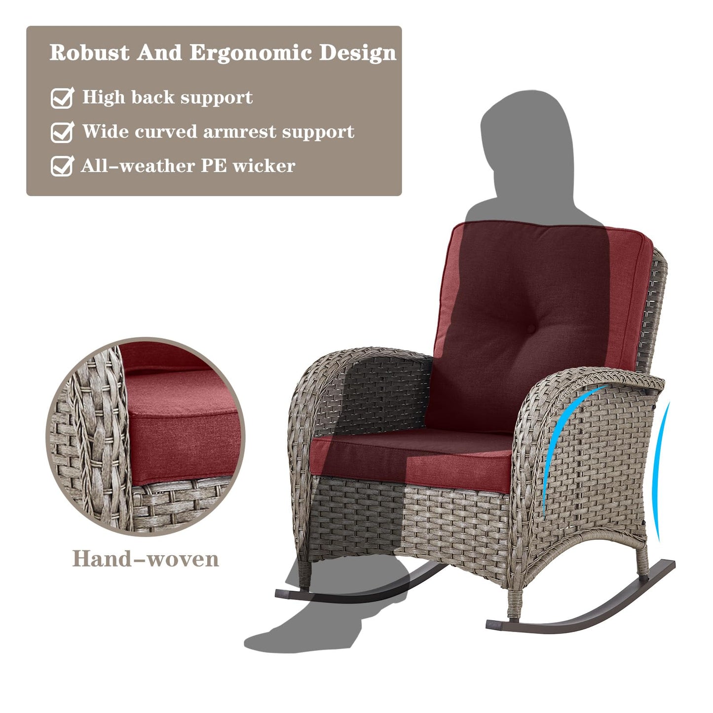 Belord Patio Rocking Chairs Wicker Set - Outdoor Rocking Chairs Set of 2 with Side Table, 3 Piece Patio Rocker Furniture Set with Water-Resistant Cushions for Balcony Porch Backyard