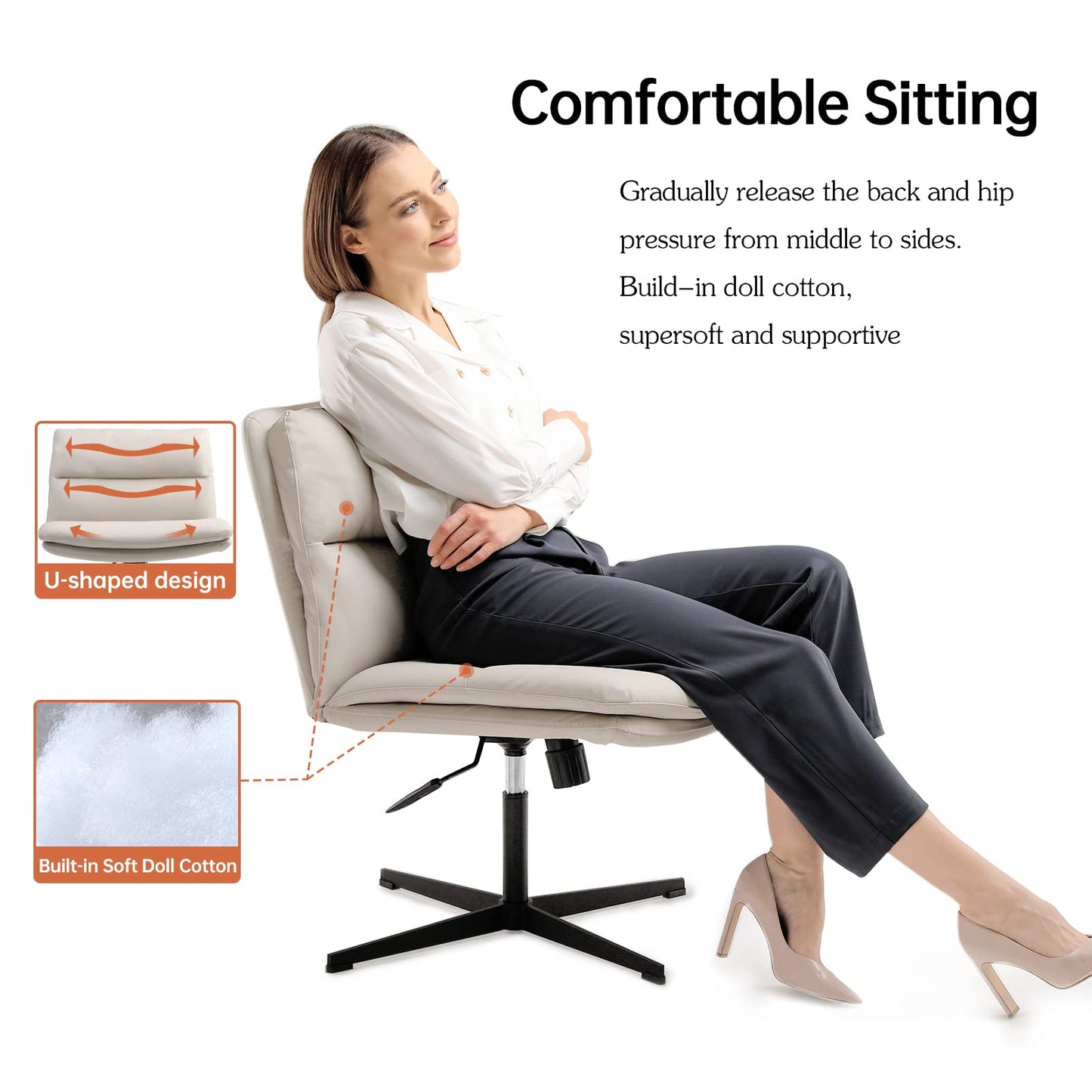 EMIAH Armless Office Desk Chair No Wheels PU-Padded Vanity Mid-Back Ergonomic Home Computer Comfortable Adjustable Swivel Task Chair with Thickened Cushion