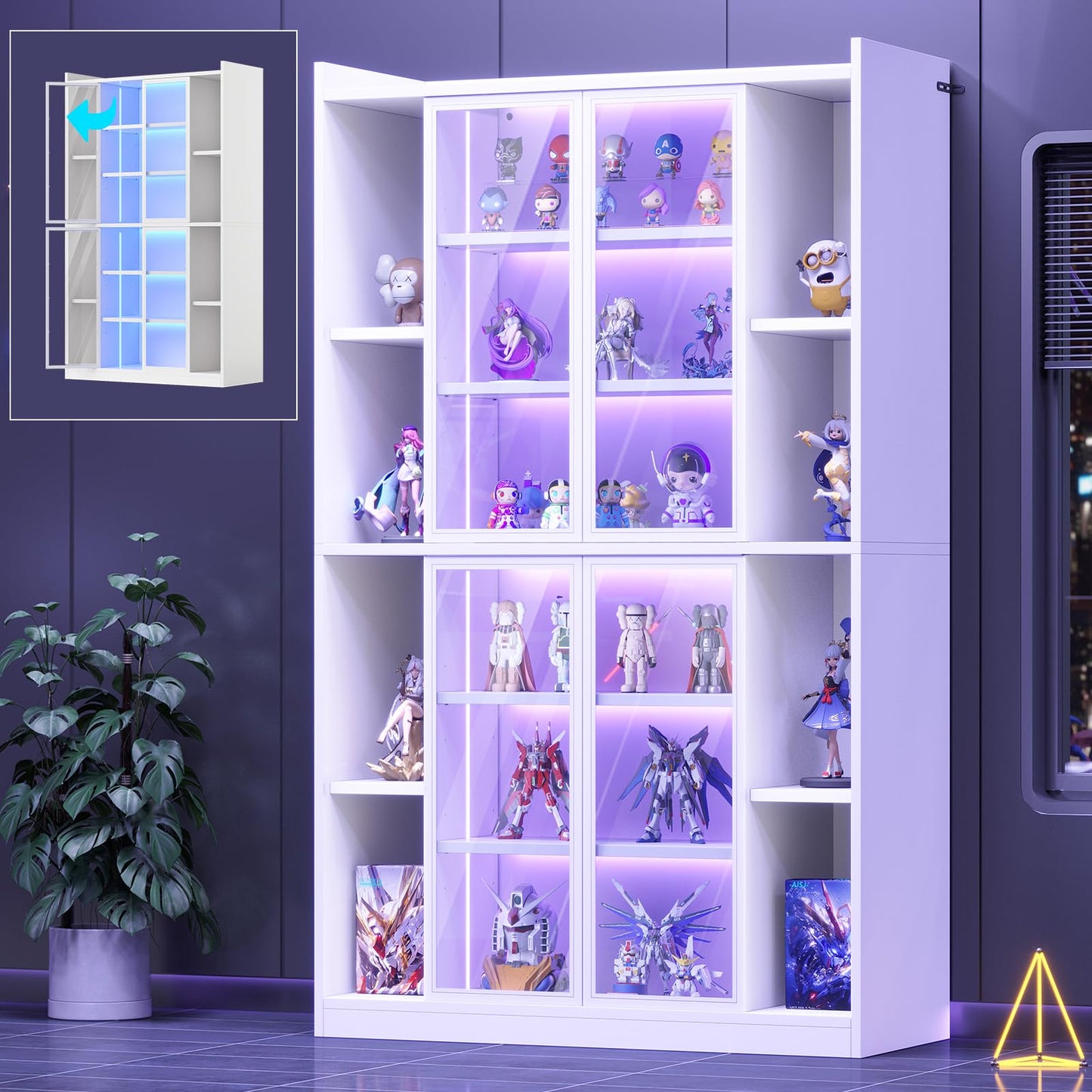 SEDETA Display Cabinet with Glass Doors, 6 Tier Curio Cabinet with LED Lights, Tall Bookcase with Adjustable Shelves, 64" Display Cases for Collectibles, Bedroom, Living Room, Office, White