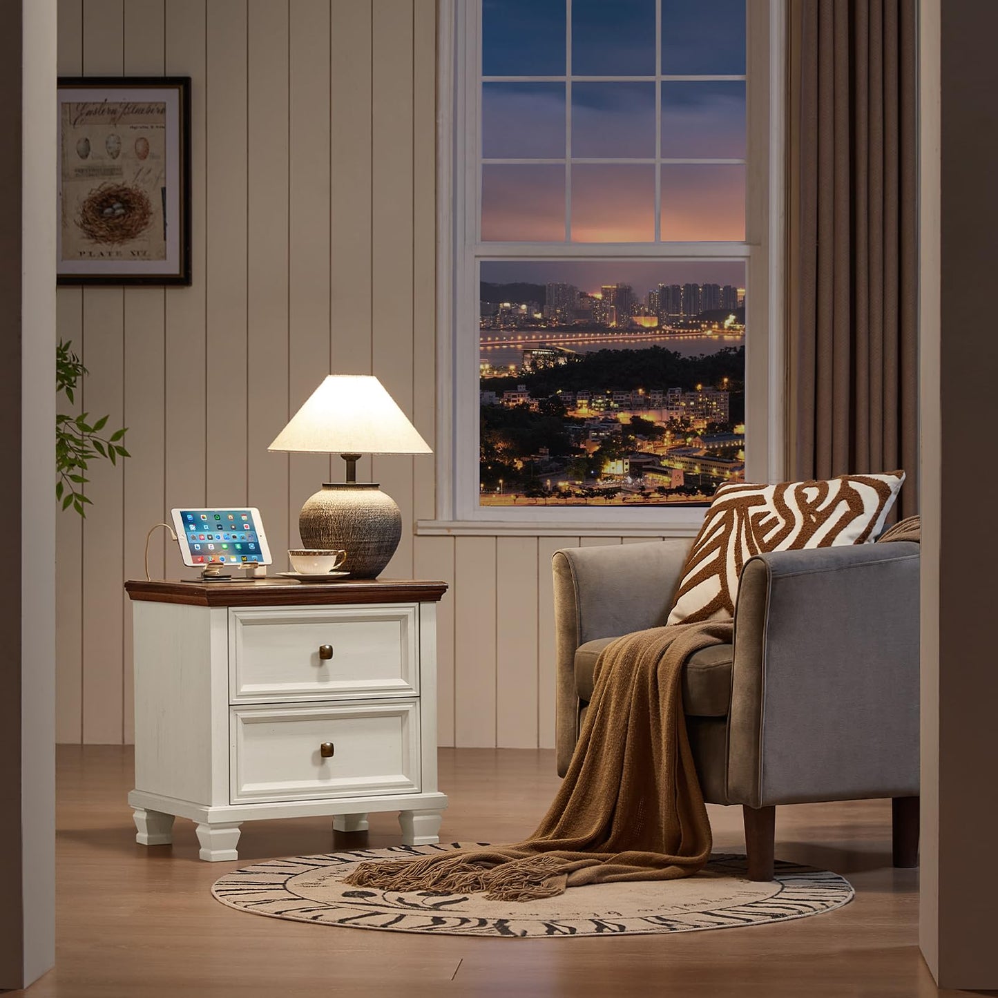 SAVOR LIFE Farmhouse Nightstand Set of 2, Rustic Low Nightstands with 2 Drawers & Charging Station, Vintage Night Stands with 4 Square Solid Wood Legs, Small Dresser for Bedroom, Home, White