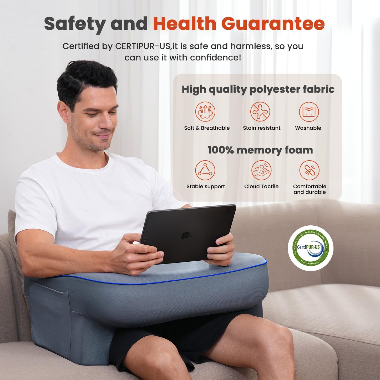 Keduwa Reading Pillow,Lap Desk Pillow for Laptop,Memory Foam Reading Pillows for Gaming, Arm Rest Pillow for Reading, Working, Crocheting, Playing Game or Sitting in Bed,Sofa (L-Blue)