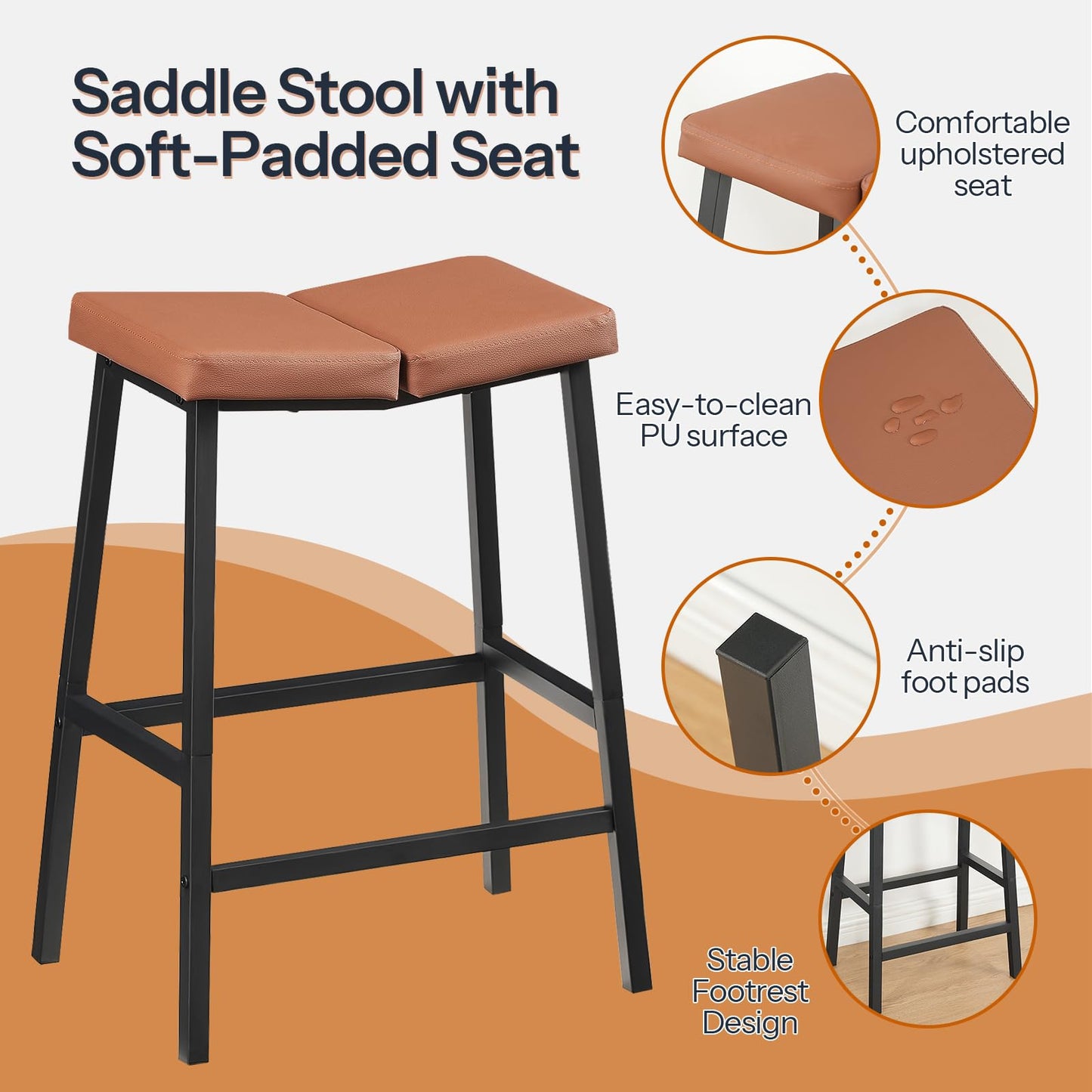 HOOBRO Bar Stools, Set of 2 Bar Chairs, Counter Height Bar Stools, Saddle Barstools & Curved Surface, 24 Inch Kitchen Barstools with Metal Base for Kitchen Counter, Rustic Brown and Black BF28MDP201