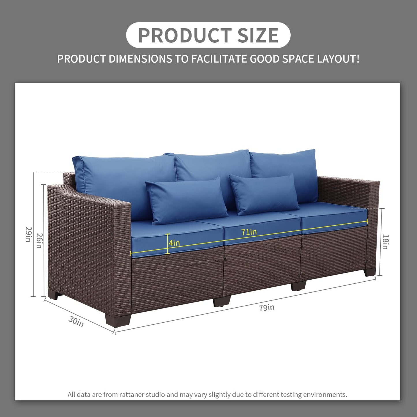 Rattaner 3-Seat Patio Wicker Sofa, Outdoor Rattan Couch Furniture Steel Frame with Furniture Cover and Deep Seat High Back, Blue Anti-Slip Cushion.