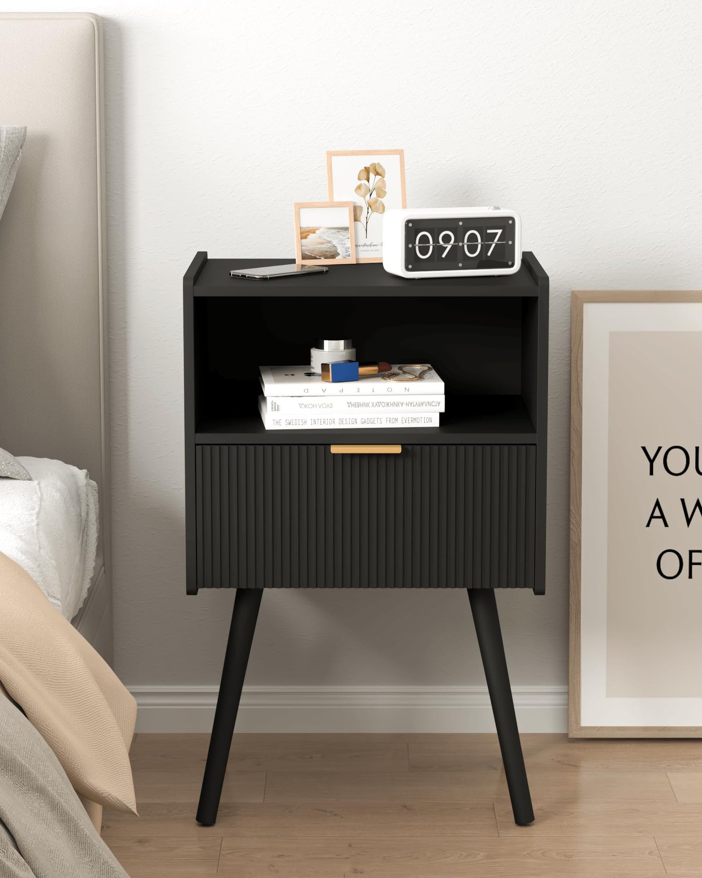 JOONEE Black Nightstand,Modern Bedside Table with Storage Drawer and Open Wood Shelf, for Living Room, Bedroom and Small Spaces, Accent Night Stand with Solid Wood Legs, Easy Assembly,Classic Black