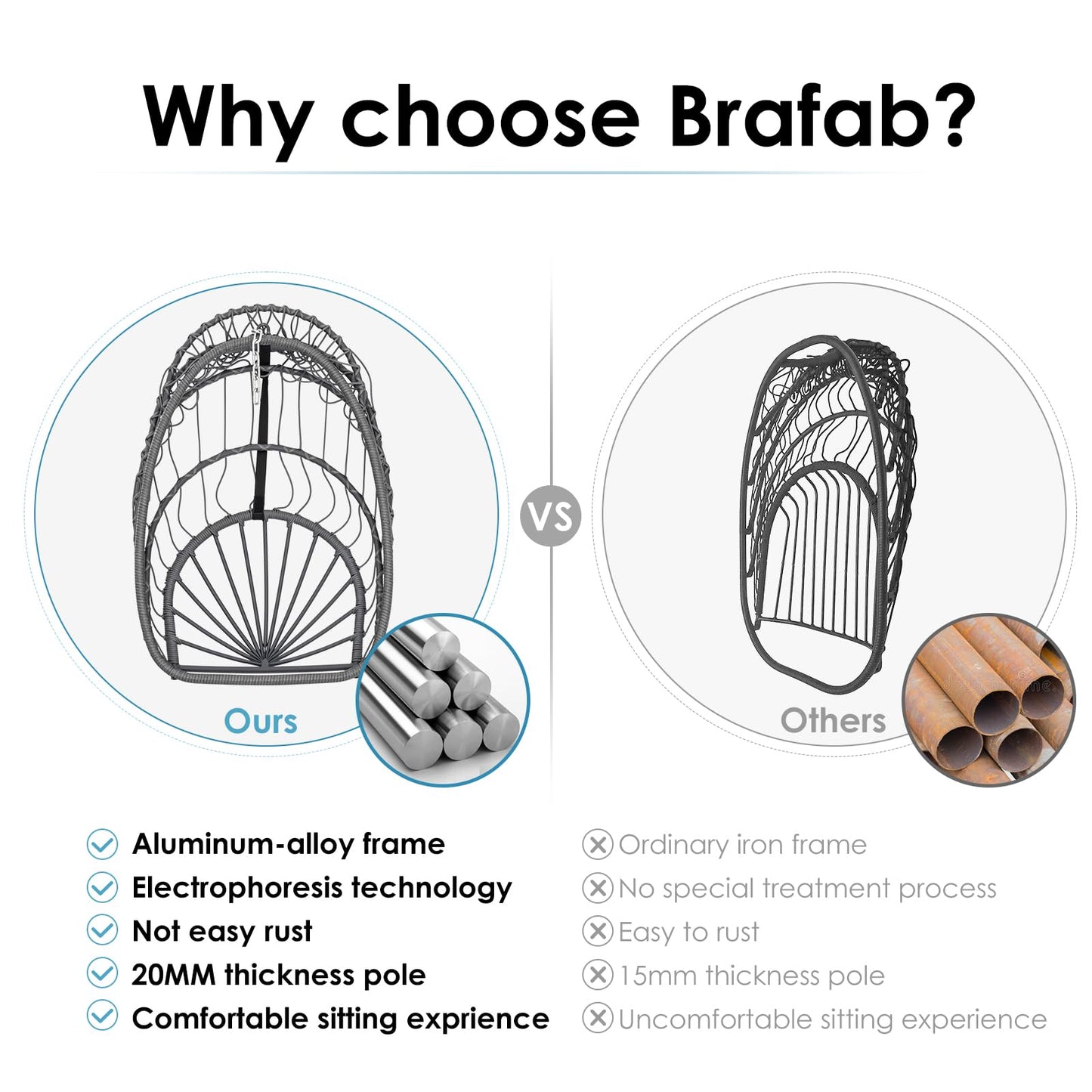 Brafab Swing Egg Chair, Hammock, Hanging Chair, Aluminum Frame and UV Resistant Cushion with Steel Stand, Indoor Outdoor Patio Porch Lounge Bedroom Hand Made Wicker Rattan, 350LBS Capacity