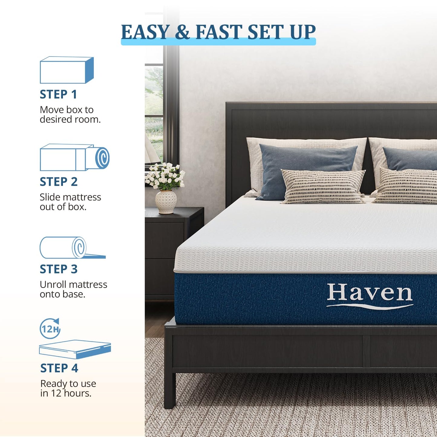 EGOHOME 12 Inch Queen Mattress, Memory Foam, Bed in a Box, Medium Firm Mattress for Back Pain Relief, Fiberglass Free, CertiPUR-US Certified, 60”x80”x12”, White
