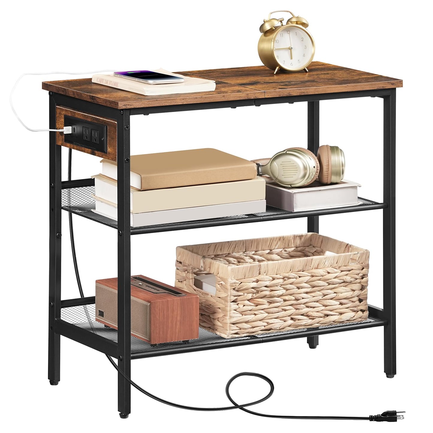 HOOBRO End Table, 3-Tier Narrow Side Table with Charging Station, Nightstand with 2 Flat or Slant Adjustable Shelves for Small Spaces, Living Room, Bedroom, Rustic Brown and Black BF23UBZ01G1