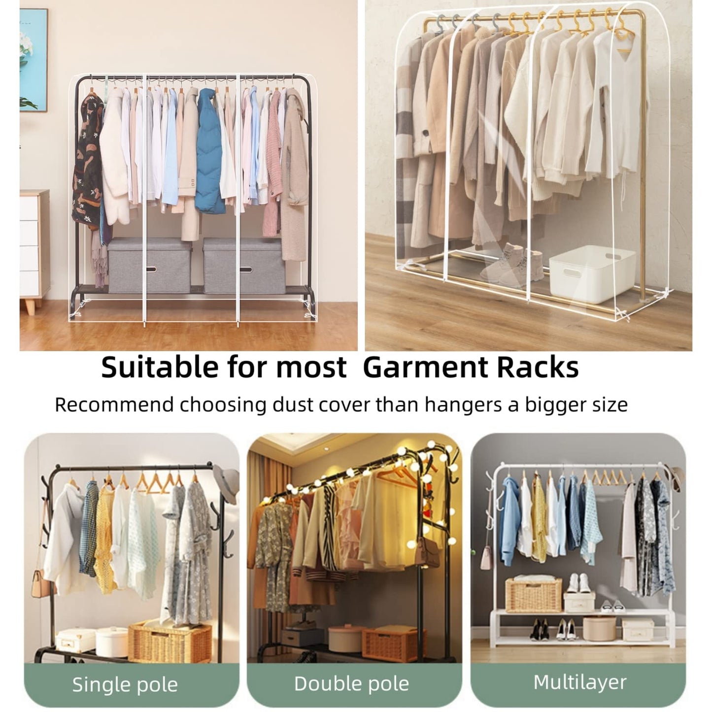Clear Garment Rack Cover, Transparent PEVA Clothes Rack Cover with 2 Durable Zipper, Clothing Dustproof & Waterproof Protector Cover
