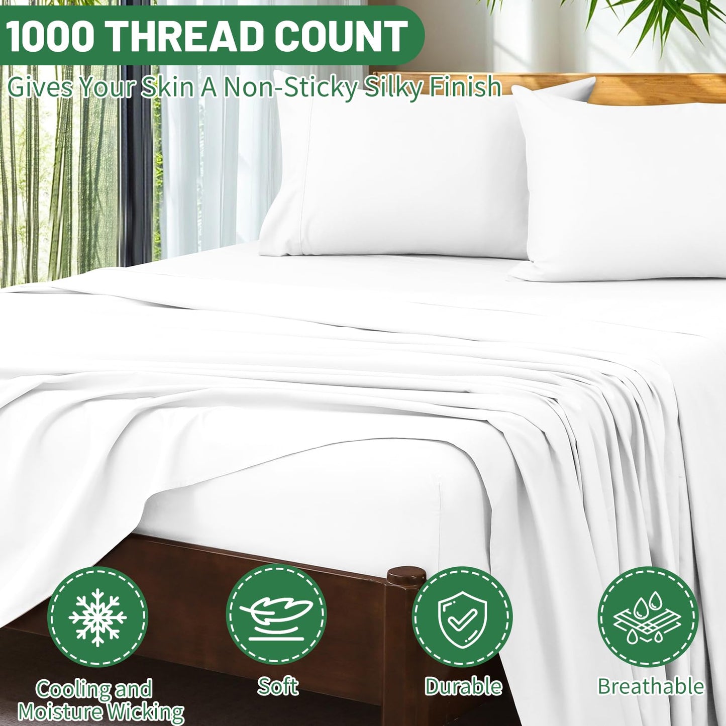 Overket Extra Deep Pocket Queen Sheets 18-24 Inch 1000 Thread Count 100% Egyptian Cotton Sateen Weave Soft Breathable 4 Pieces（Queen,White）