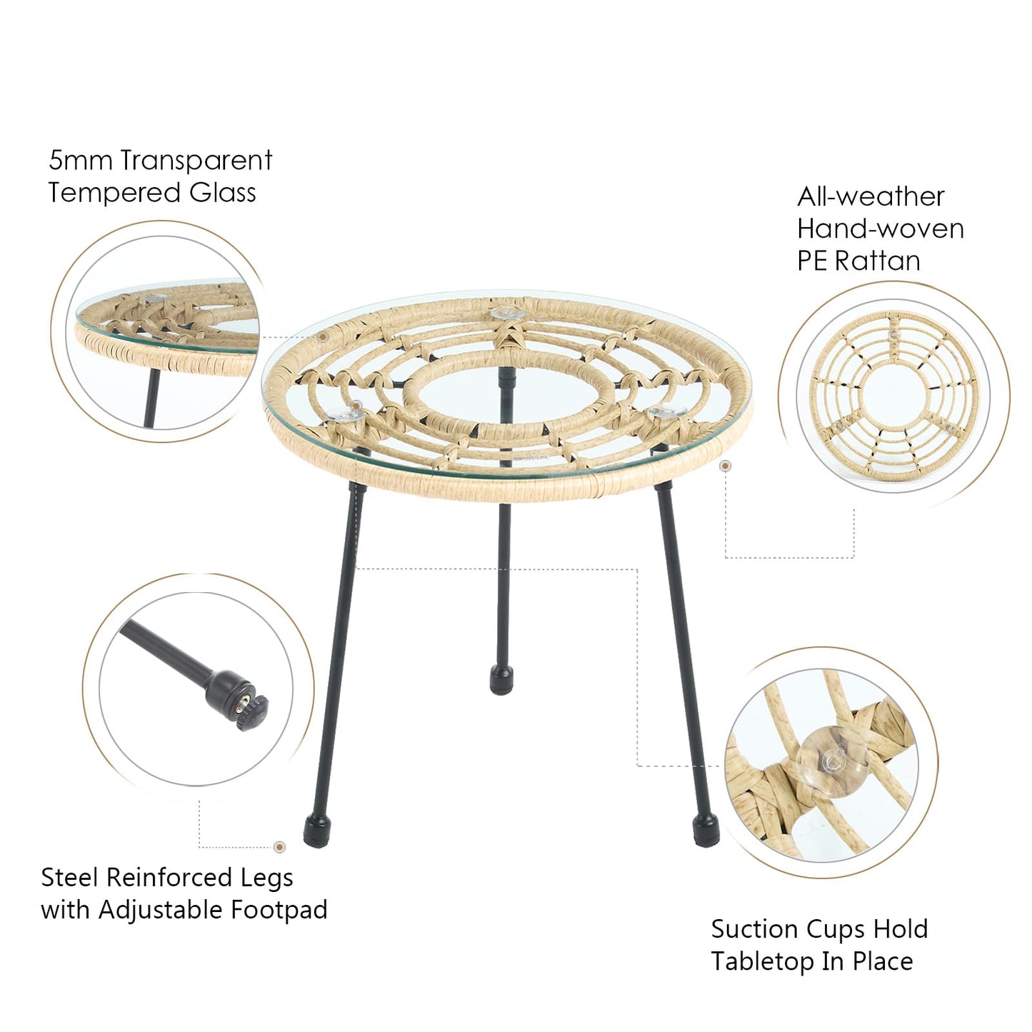 DAYARUS 3 Pieces Patio Bistro Set, Upholstered Rattan Outdoor Chairs with Coffee Table, Metal Frame Bistro Table and Chairs Set of 2, Modern Patio Conversation Set for Porch/Yard/Pool, Blue