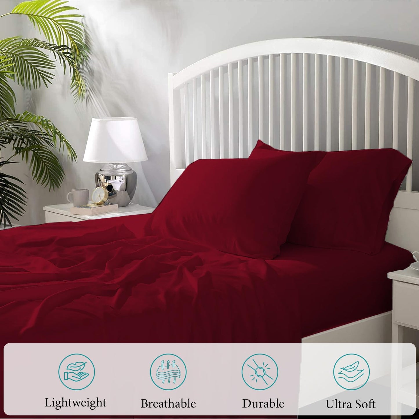 100% Egyptian Cotton Sheets Queen Size High Thread Count 4 Piece Luxury Queen Bed Sheet Set Breathable Cooling Sheets Deep Pockets Fit up to 17" Mattress Soft Sateen Weave Bedding Sheet Burgundy