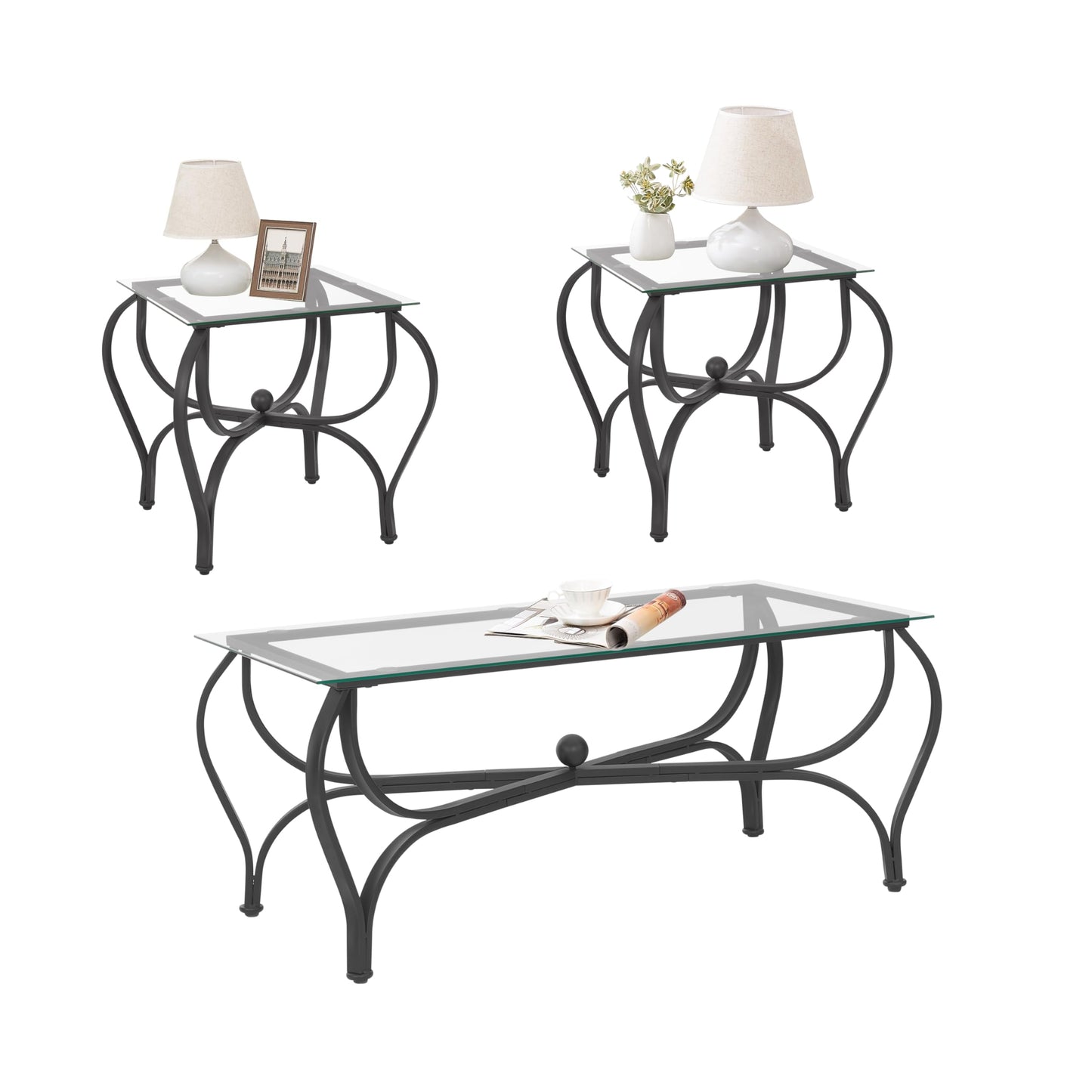 FILINGSKY 3-Piece Coffee Table Set, Tempered Glass Surface Living Room Sets, Coffee Table & 2 End Side Table, Metal Frame for Living Room, Home Office (Glass)