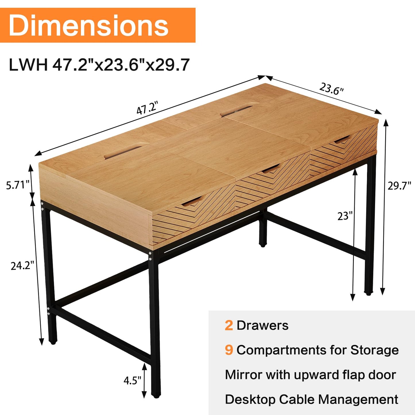 TEKAMON 47" Makeup Vanity Desk with Mirror，Girls Vanity Dressing Table for Bedroom, Home Office/Computer Desk with 2 Drawers, Study Desk with Cable Management, Natural Wood