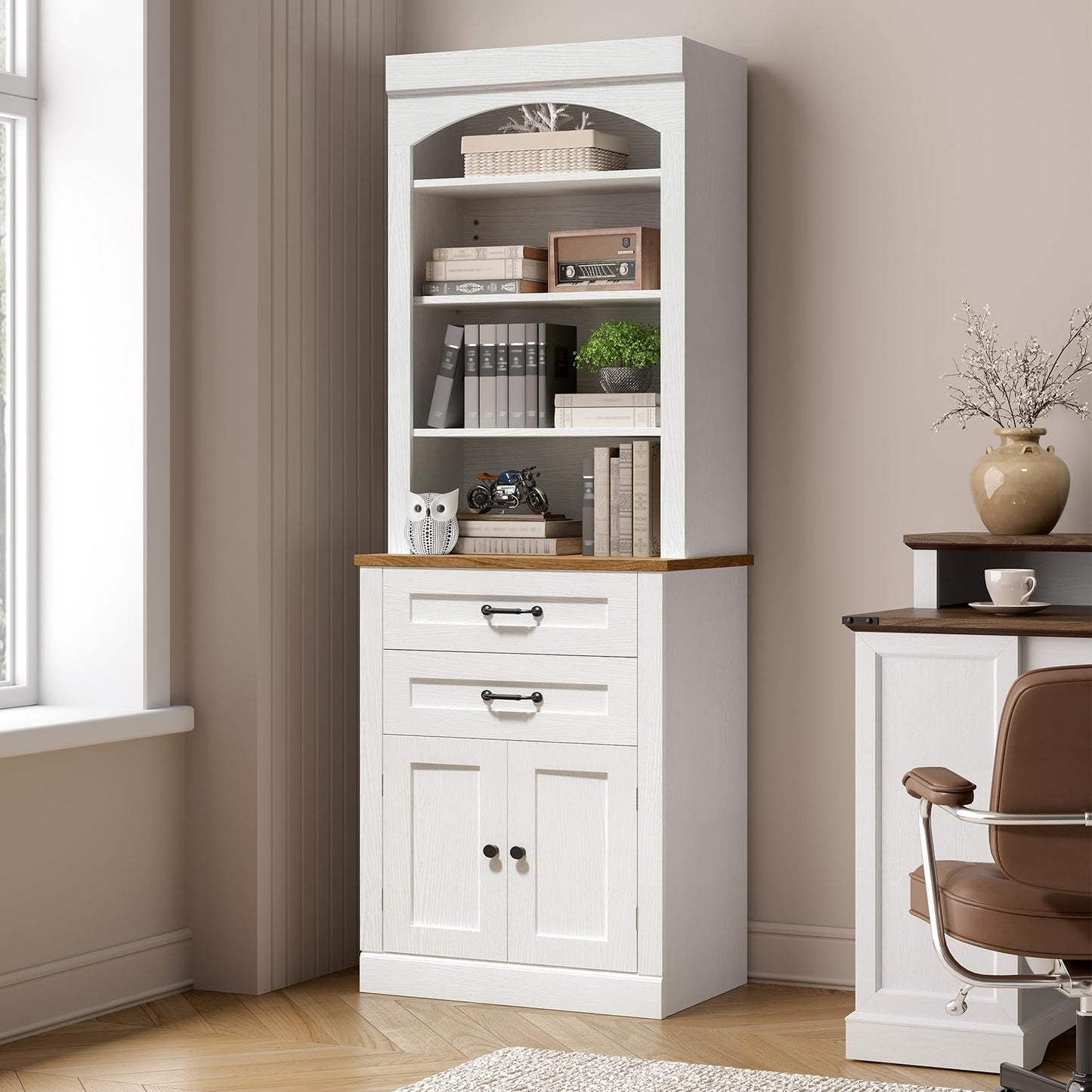 RALGEND Farmhouse Tall Bookshelf, 7 Tier Arched Bookcase with Drawers and Doors, Book Shelf with Storage Cabinet, Wooden Freestanding Open Display Bookshelves for Living Room, Office, White and Walnut