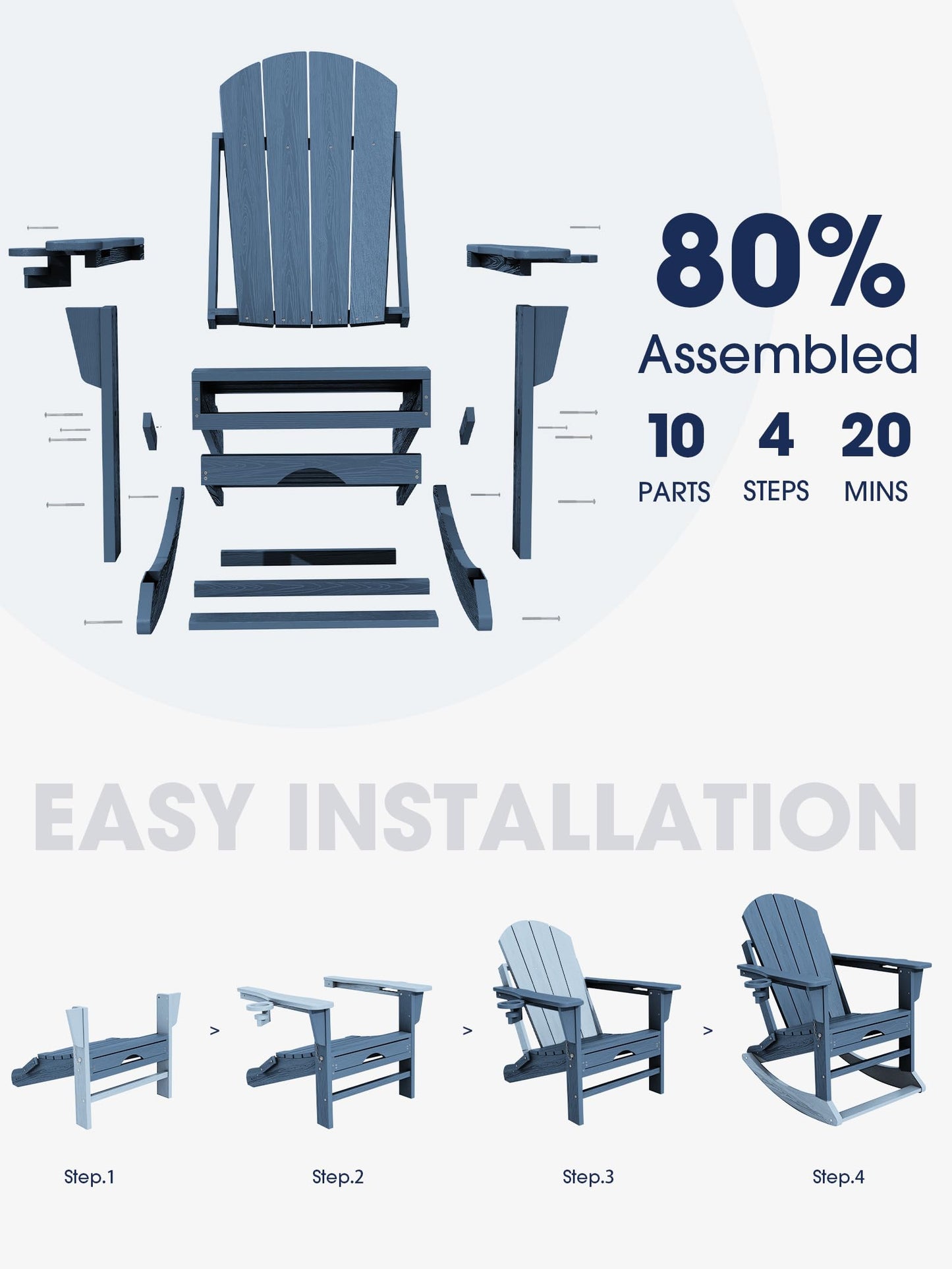 KINGYES Adirondack Rocking Chair with Retractable Ottoman and Cup Holders, HDPE Adirondack Rocker Patio Rocking Chair for Porch, Patio, Balcony, Deep Blue