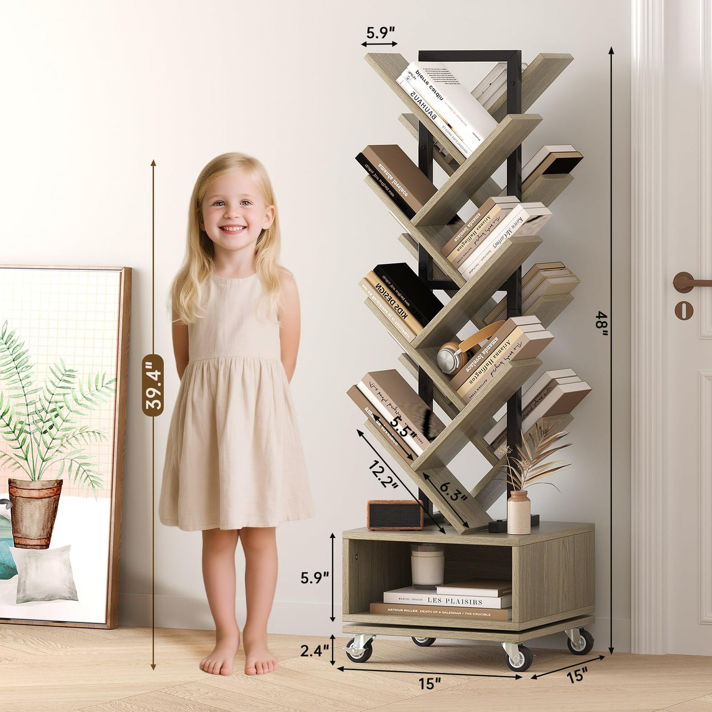 iabifo Double Sided Rotating Tree Bookshelf - 7-Tier Retro Floor Standing Bookcase, Wood Storage for Books, CDs, Movies, Perfect for Small Spaces in Bedroom, Living Room, Home Office, Grey