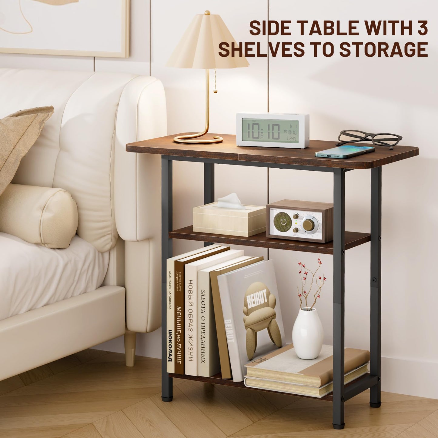 SLEEPING LAMB Side Table for Living Room, 3-Tier End Table for Small Space with Wide Storage Tabletop, Rustic Brown Narrow Nightstand for Bedroom, Sofa Couch