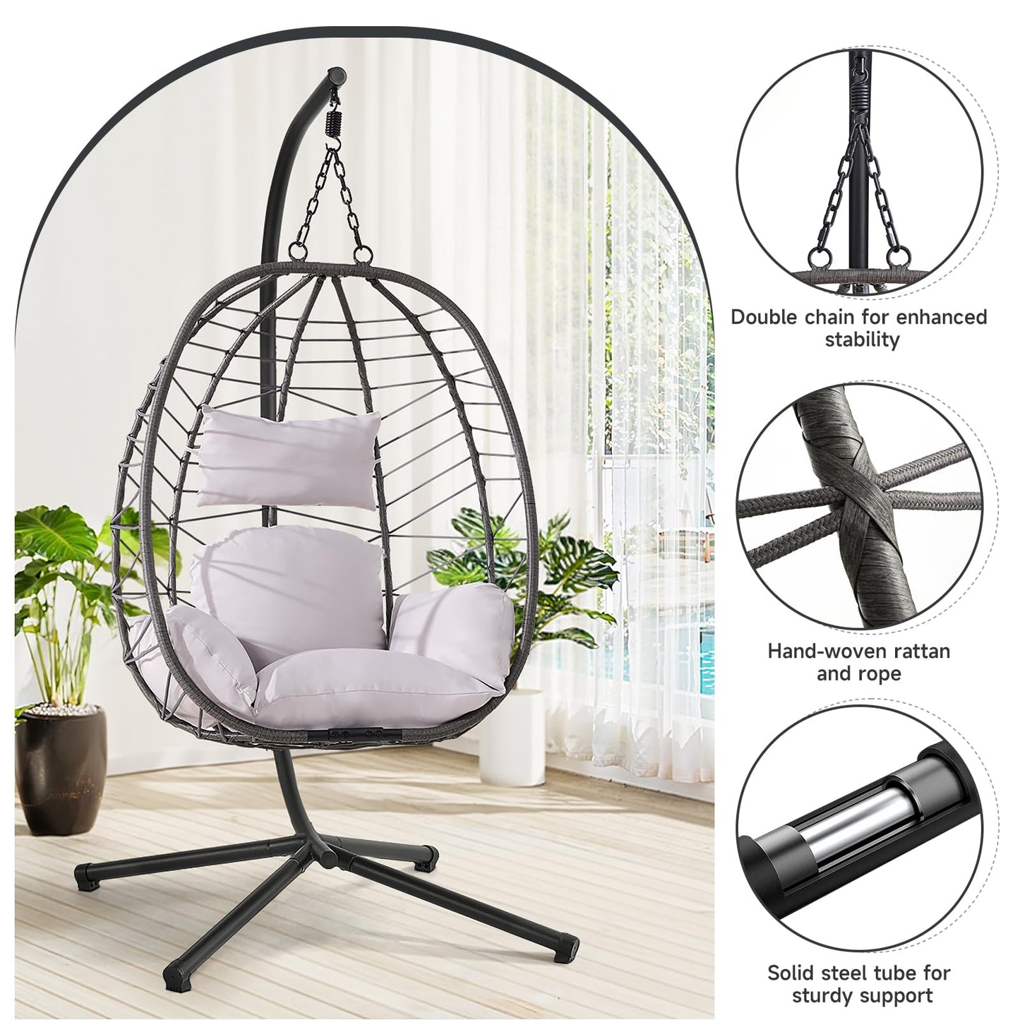 ONBRILL Hanging Egg Chair with Stand, Outdoor Indoor Egg Swing Chair with Cushion Headrest, Rattan Wicker Egg Chair with Dual Chains, 350LBS Capacity for Patio, Porch, Balcony, Bedroom (Khaki)