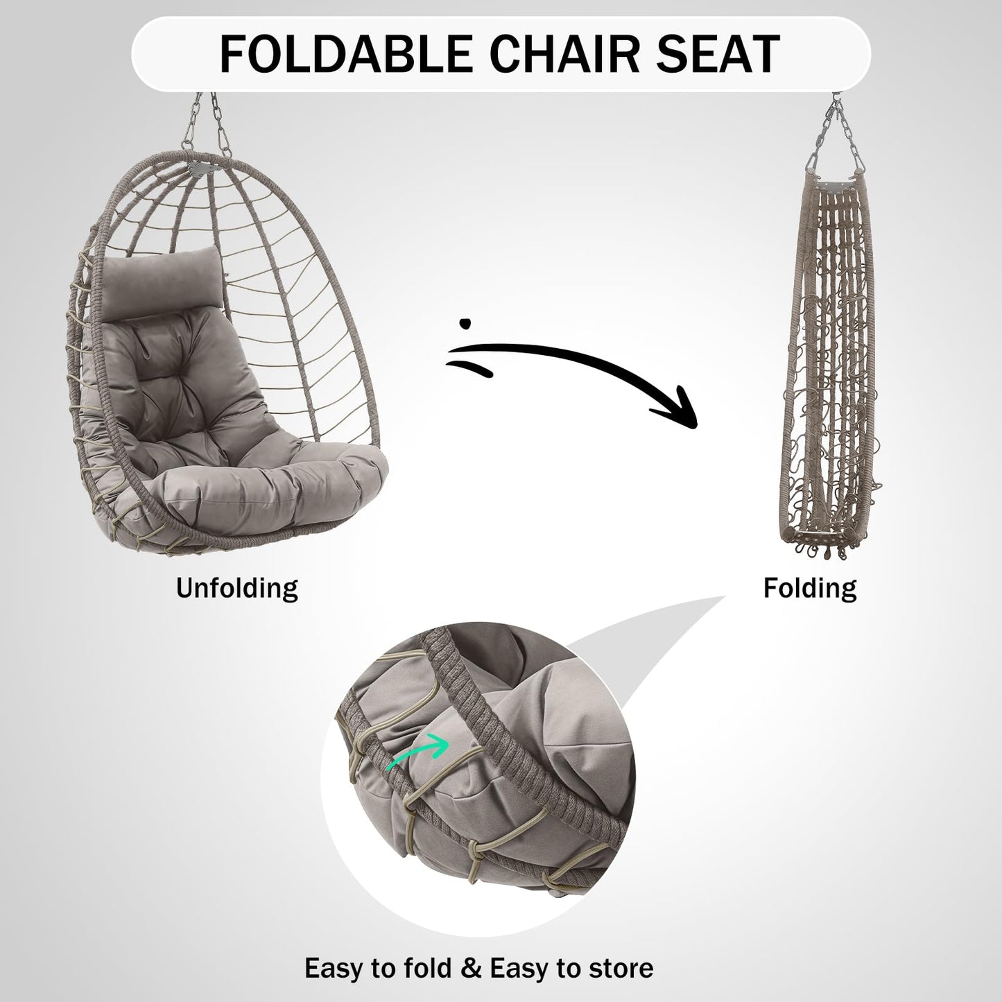 Hanging Egg Chair with Stand, Outdoor Patio Rattan Wicker Swing Egg Chair, Outdoor Indoor Hammock Chair for Porch, Living Room, Poolside and Balcony, 350LBS Capacity, Light Grey