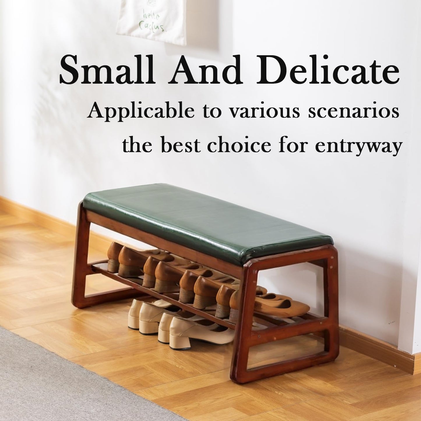 latifolia Solid Wood Bench, Entryway Shoe Bench with Cushion, 2 Tier Shoe Storage Organizer for Hallway, Living Room(Green,31.50''L)