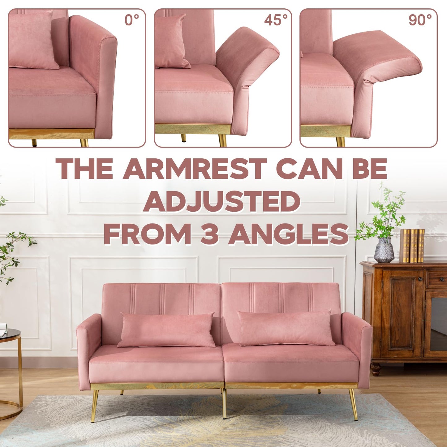 dannratch 70'' Futon Sofa Bed Velvet Convertible Sleeper Sofa Tufted Couch Bed with Adjustable Armrests and Backrest, Modern Loveseat Sleeper Bed with 2 Bolster Pillows for Living Room, Bedroom,Pink