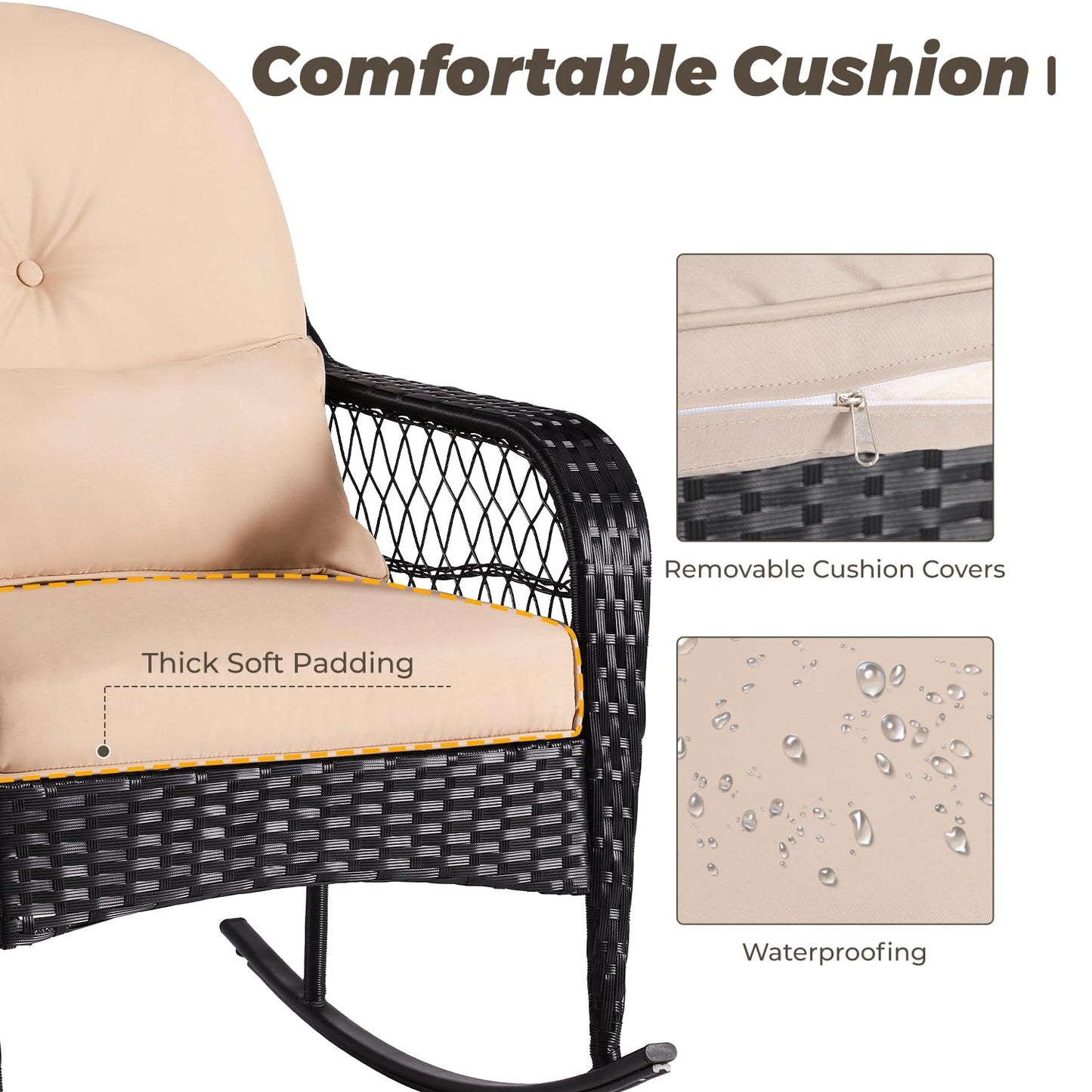 Outdoor Wicker Rocking Chair, PE Rattan Rocker with Seat Back Cushions & Waist Pillow, All- Weather Wicker Furniture for Porch, Backyard, Poolside, Deck (Wicker Chair(1 PC Khaki))