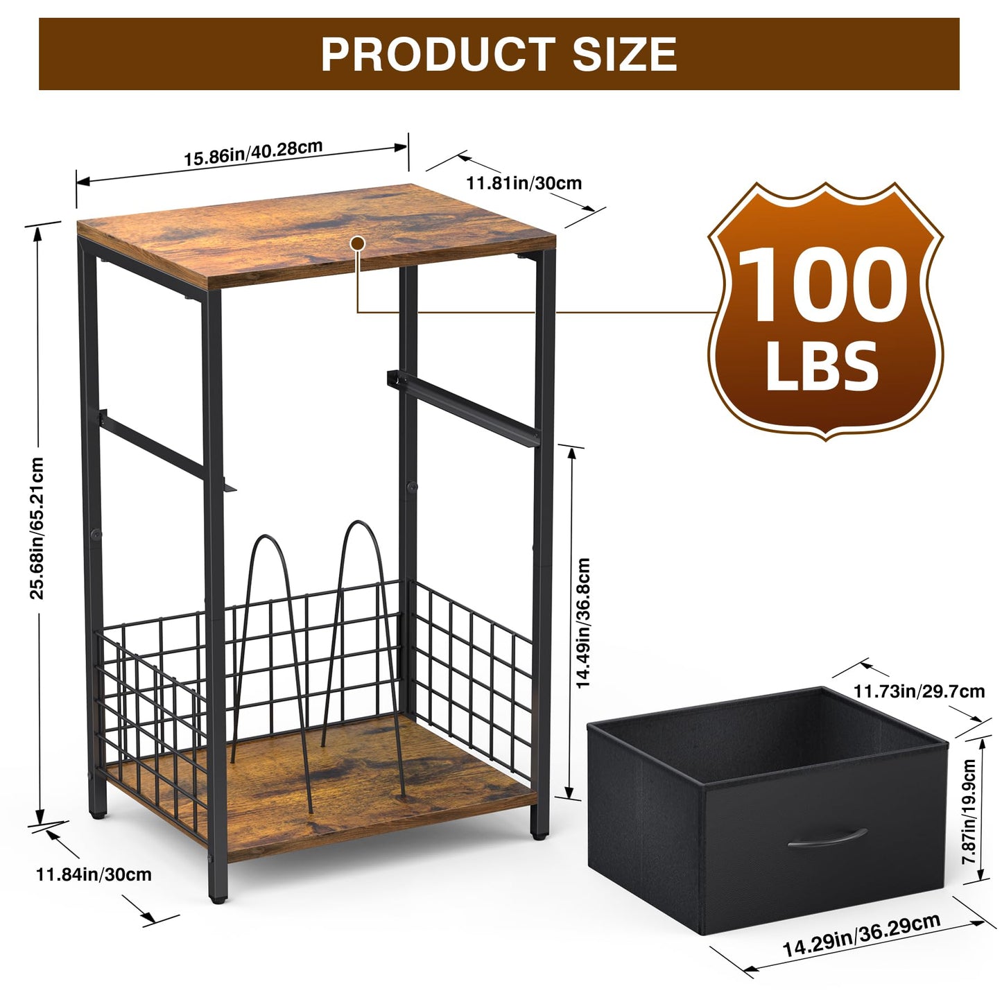 End Table Night Stand, Side Table Bedroom with Book Shelf & Storage Drawer, Night Stand with Fabric Bin for Bedroom, Corner Book Shelf for Home, Easy Assemble, Brown