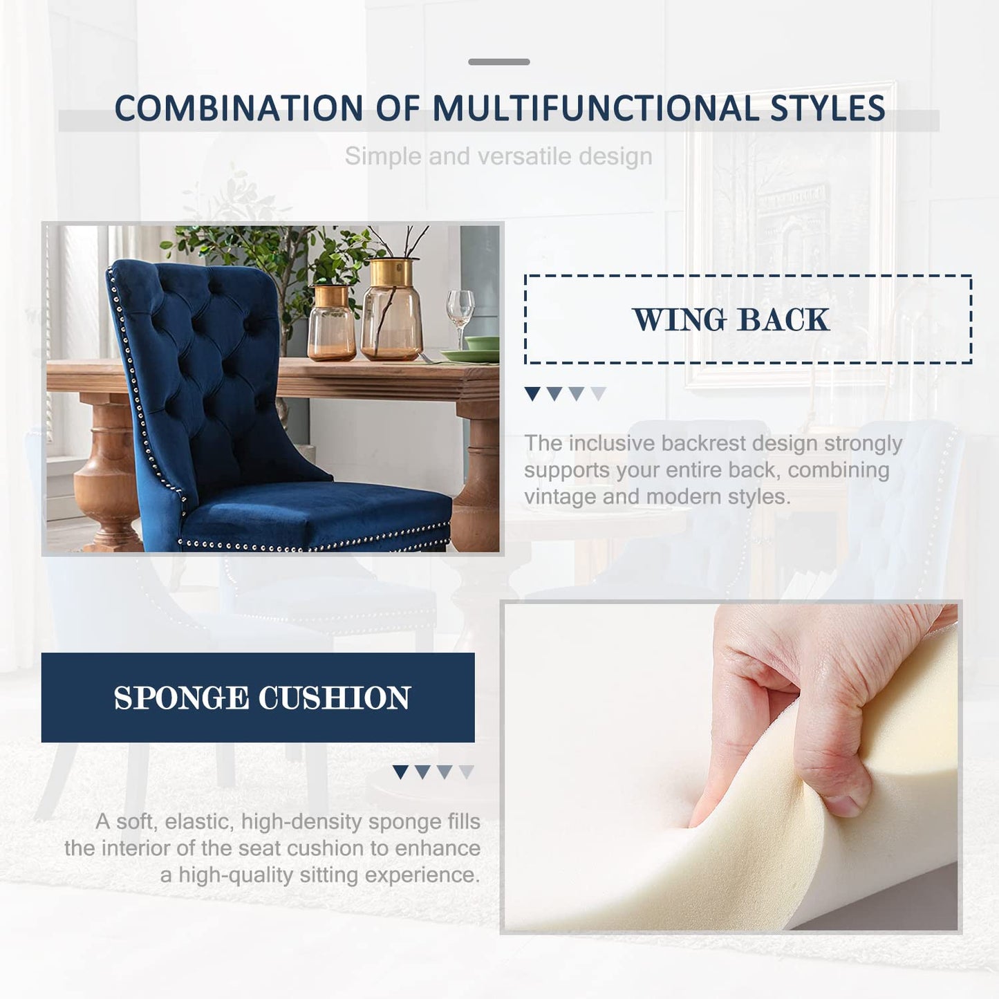 Eifizek Velvet Dining Chairs Set of 6, Tufted Dining Room Chairs with Nailhead Ring Pull Trim, Upholstered Dining Chairs with Solid Wood Legs for Kitchen Dining Room, Sillas De Comedor (Blue)