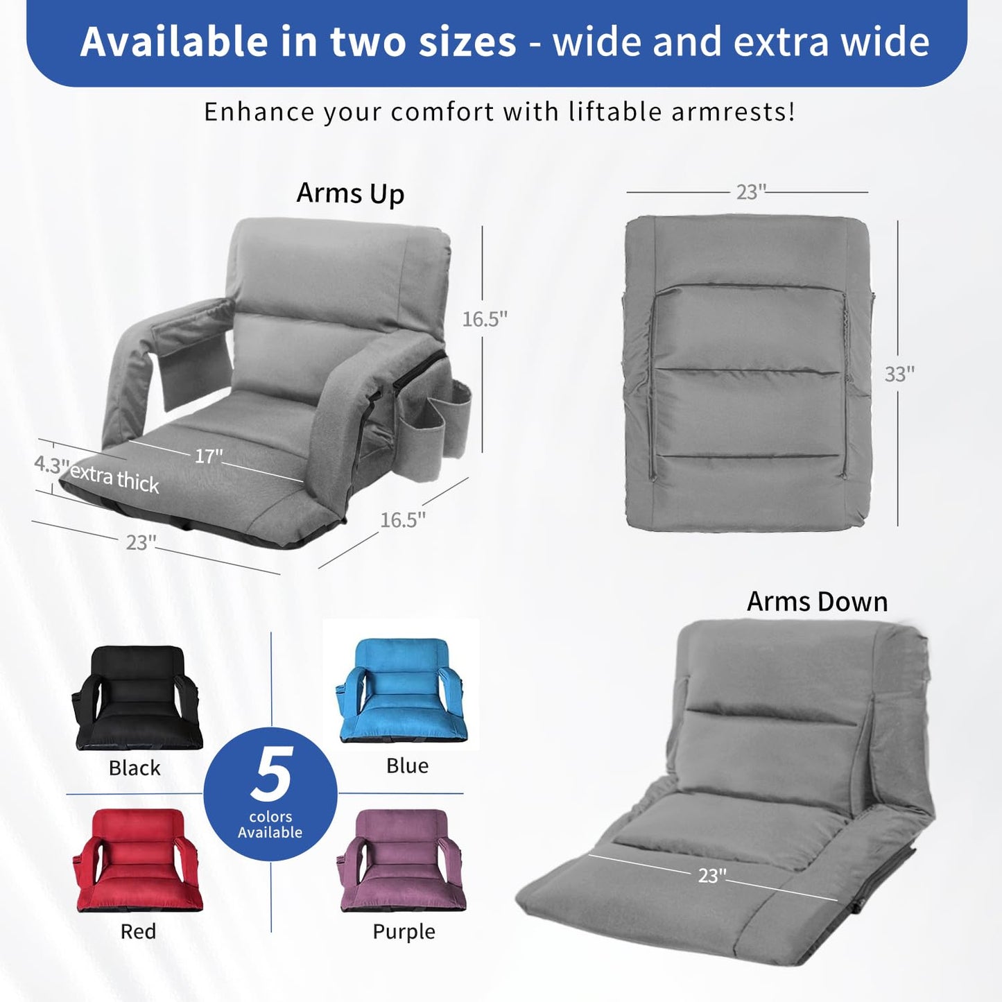 Stadium Seats with Back Support,Wide Stadium Chairs with Back and Cushion, Sofa Style Bleacher Chairs, 6 Reclining Positions, Extra Thick Bleacher Seat for Sports Events (Grey-1 Pack,Wide|22.5")