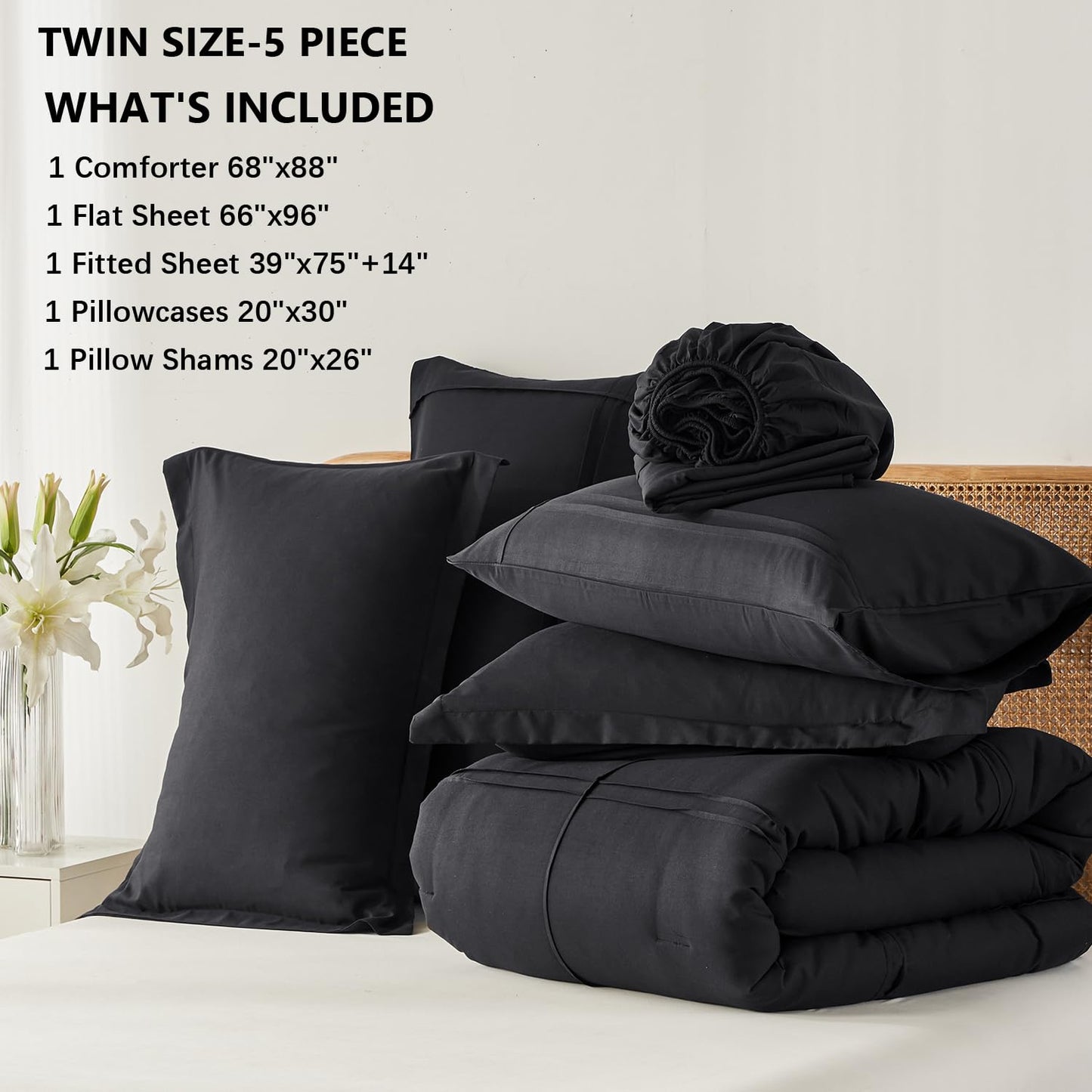 Yogeneg Twin Comforter Set 5 Piece Bed in a Bag,Grid Pinch Pleat Black Twin Bedding Set,Striped Textured Soft Microfiber Comforter with Sheet Set,All Season Complete Bed Set(Black,Twin)