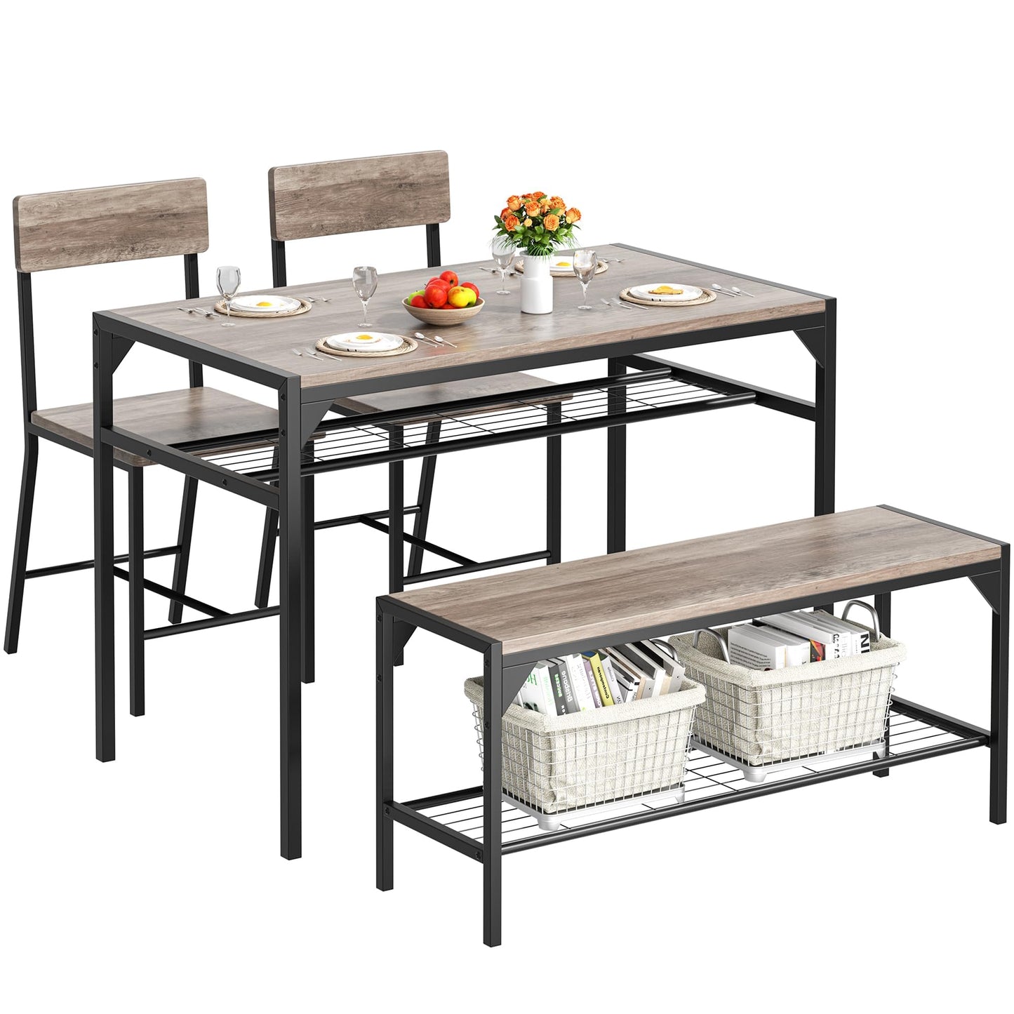 Shintenchi Kitchen Table Chairs Set of 4, Dining Table Set for 4 with Bench and Chairs, 4 Pieces Kitchen Table Set with Storage Rack & Metal Frame for Small Space, Gray