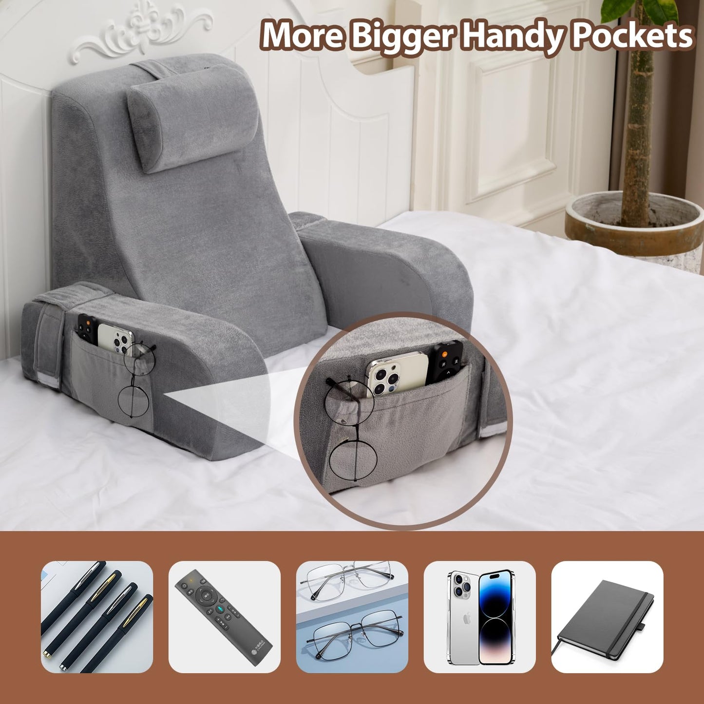 NIAOMAOGOU Reading Pillow for Sitting in Bed Adult, Back Pillow for Sitting Up in Bed with Arm Rest, Suitable for Gaming,Watching TV on Floor, 19in 4Pcs, Grey