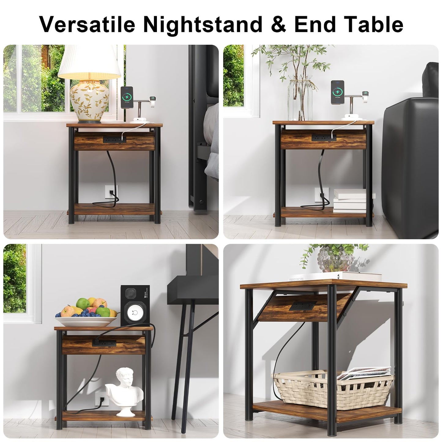 Nightstands Set of 2, Small End Tables with Charging Station, Modern Night Stands, Narrow Side Tables for Small Space, Bedside Tables with 2-Tier Storage Shelf for Living Room, Bedroom, Rustic Brown