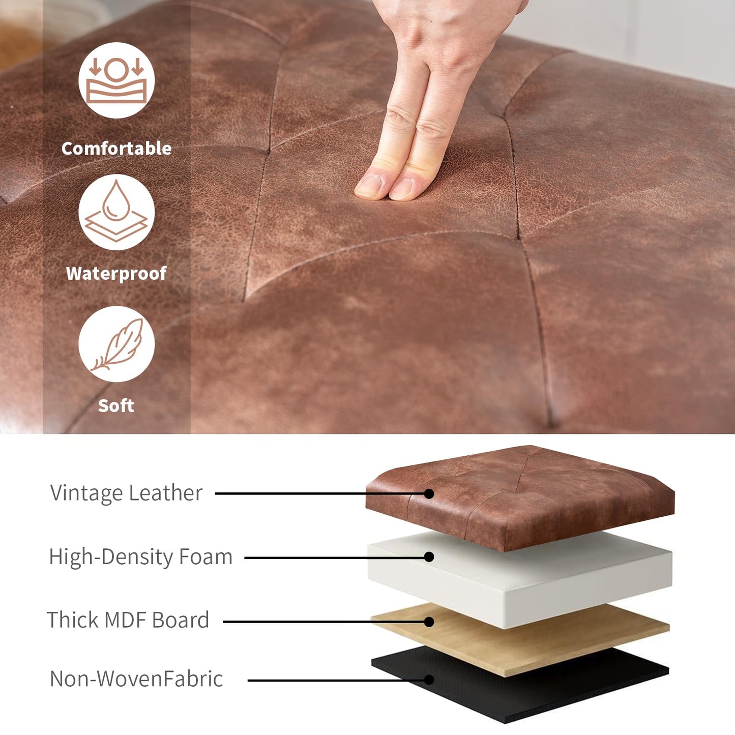 Joveco Leather Storage Ottoman, 24" Rectangle Tufted Square Upholstered Bench, Foot Rest Stool with Wood Legs, Footstool for Living Room Bedroom, Coffee