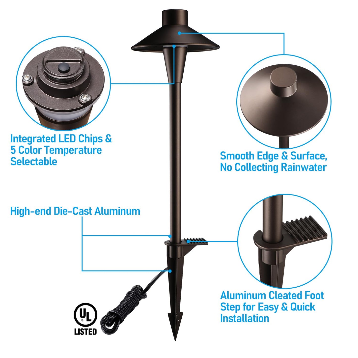 LEONLITE Update 5CCT Low Voltage Pathway Lights, 12-24V LED Landscape Path Light, 1800/2700/3000/4000/5000K, CRI90, IP65 Waterproof Landscape Lighting, Aluminum Housing, Oil Rubbed Bronze, Pack of 6