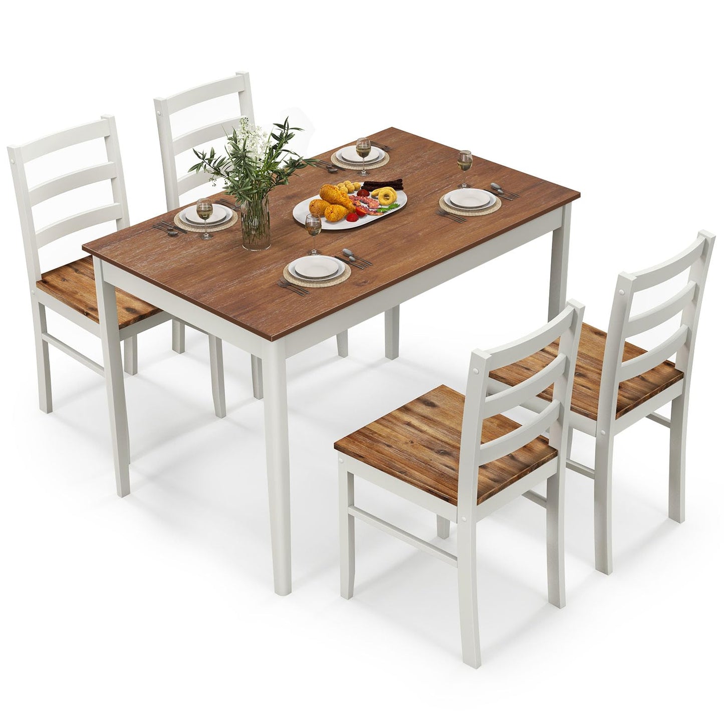 Giantex 5-Piece Dining Set for 4, Solid Wood Rectangular Table & 4 Chairs wtih Rubber Wood Legs, Kitchen Table and Chairs Set for Small Spaces Dinette Dining Room Restaurant (Rustic Brown)