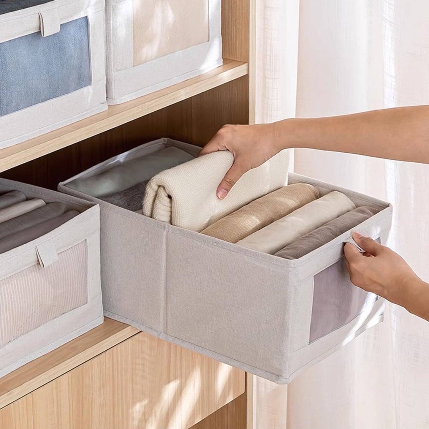 Linen Closet Organizers And Storage, 4 Pack Closet Storage Bins Linen Closet Baskets for Closet Organization Foldable Closet Organizer Bins with Clear Window For Organizing Clothing, Jeans, Shelves