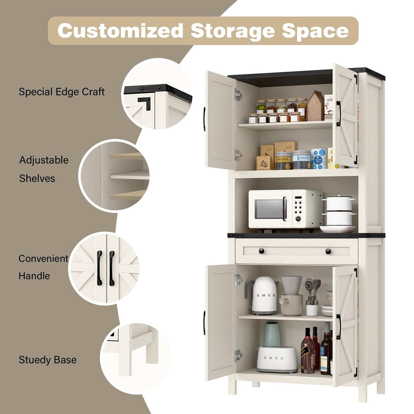 Befrases 72" H Tall Farmhouse Storage Cabinet with Drawer, 6 Tier Kitchen Pantry Organize with 4 Barn Door and Adjustable Shelf, Microwave Stand for Kitchen, Garage, Living, Utility Room, Black