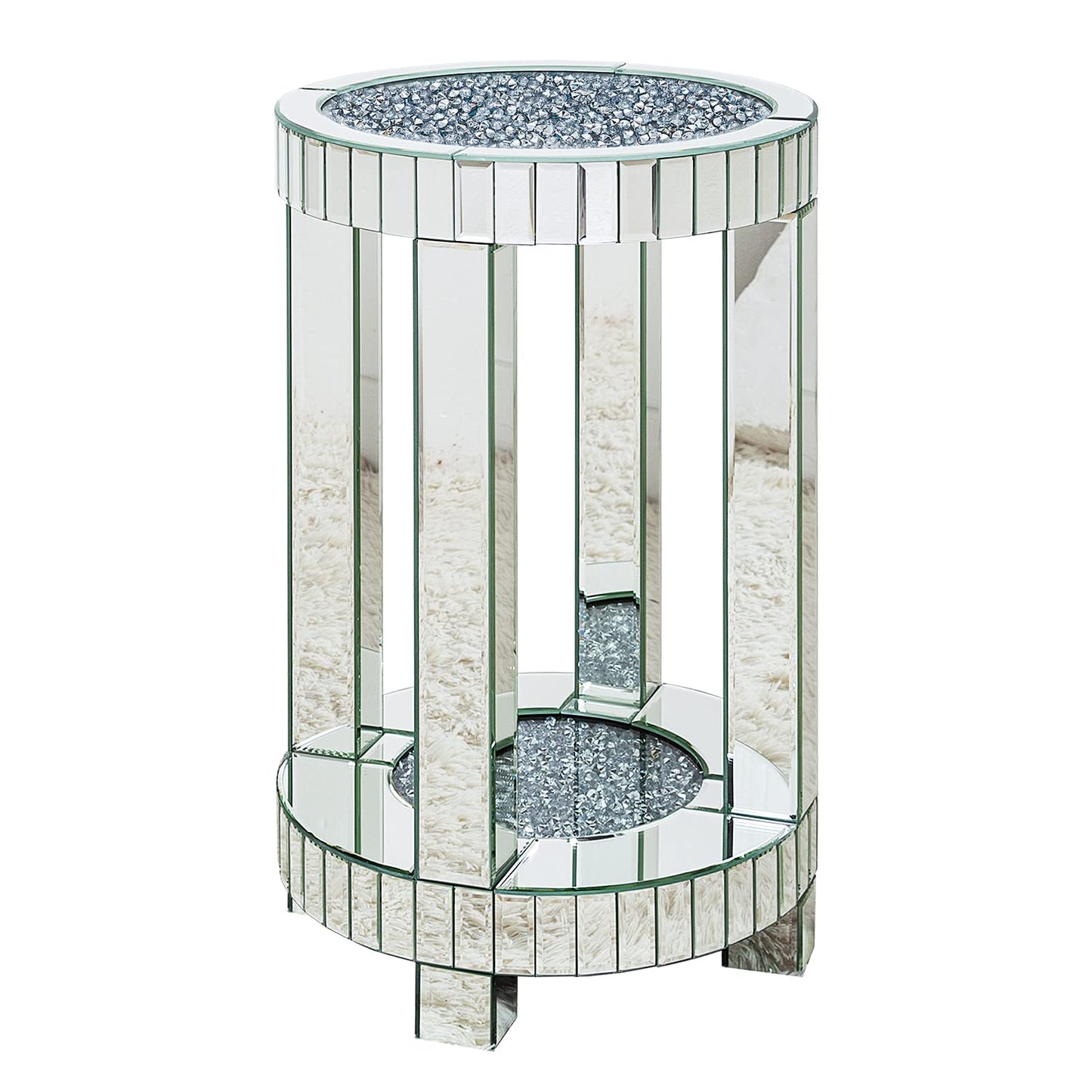 SHYFOY Mirrored End Table Round with Crystals Inlay, 2-Tier Modern Small Sofa Table with Storage, Silver Accent Table for Living Room, Bedroom, Coffee, and Small Spaces