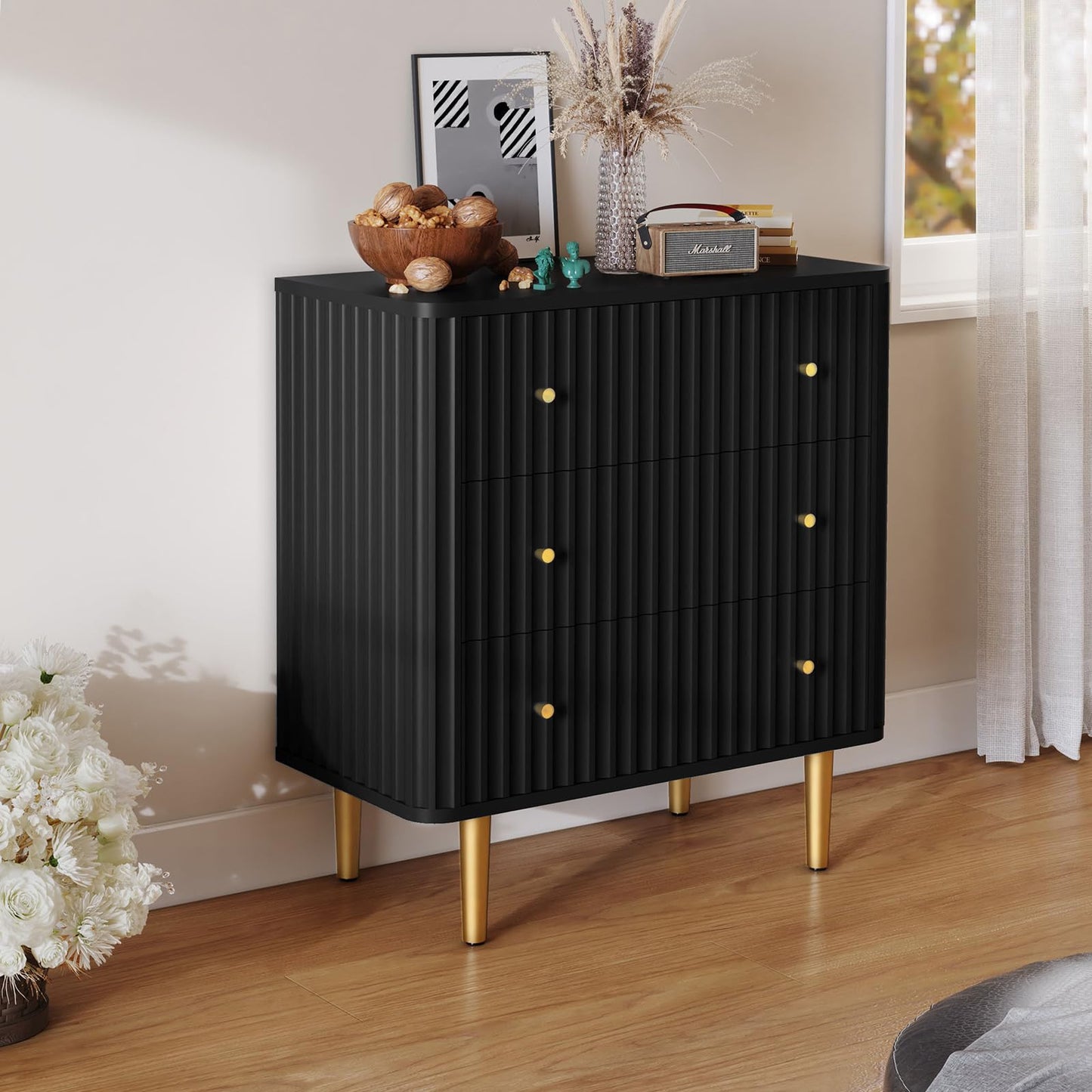 HLR Black Modern 3 Drawer Dresser for Bedroom - Wood Storage Cabinet with Fluted Texture, Spacious Chest of Drawers Organizer for Living Room,Closet,Hallway