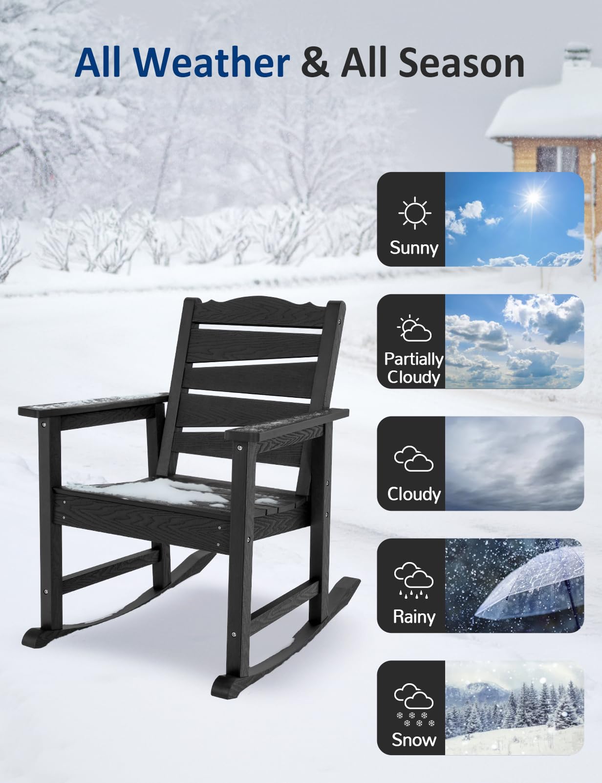 LAHAAP Patio Rocking Chairs Set of 2, Weatherproof HIPS Outdoor Rocking Chair for Adults, 400LBS Support Heavy Duty Porch Rocking Chairs for Garden, Lawn, Backyard, Outdoor and Indoor (Black)