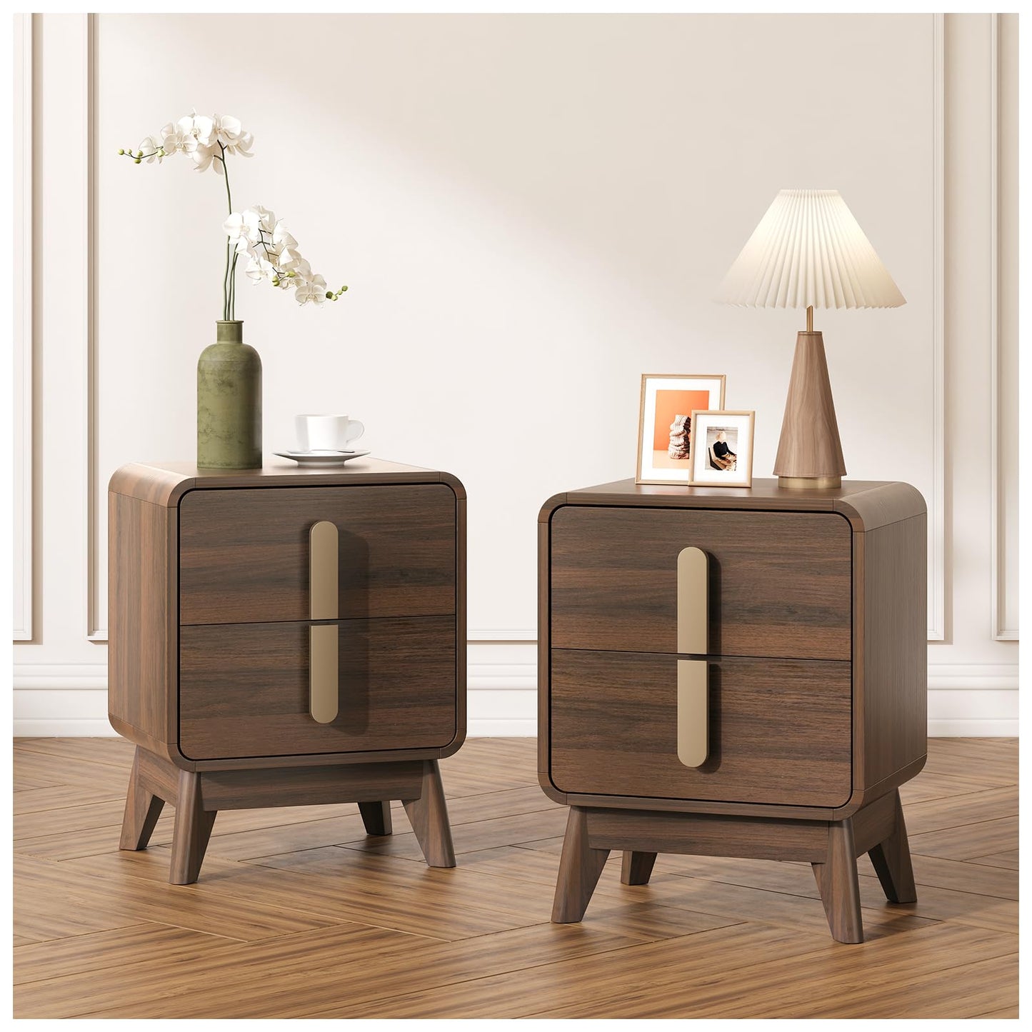 JOINICE Nightstand Set of 2, Mid Century Modern Bedside Table with 2 Drawers & Metal Handle, Curved Profile Brown Night Stand with Storage, Solid Wood Feet End Table for Bedroom, Dark Walnut