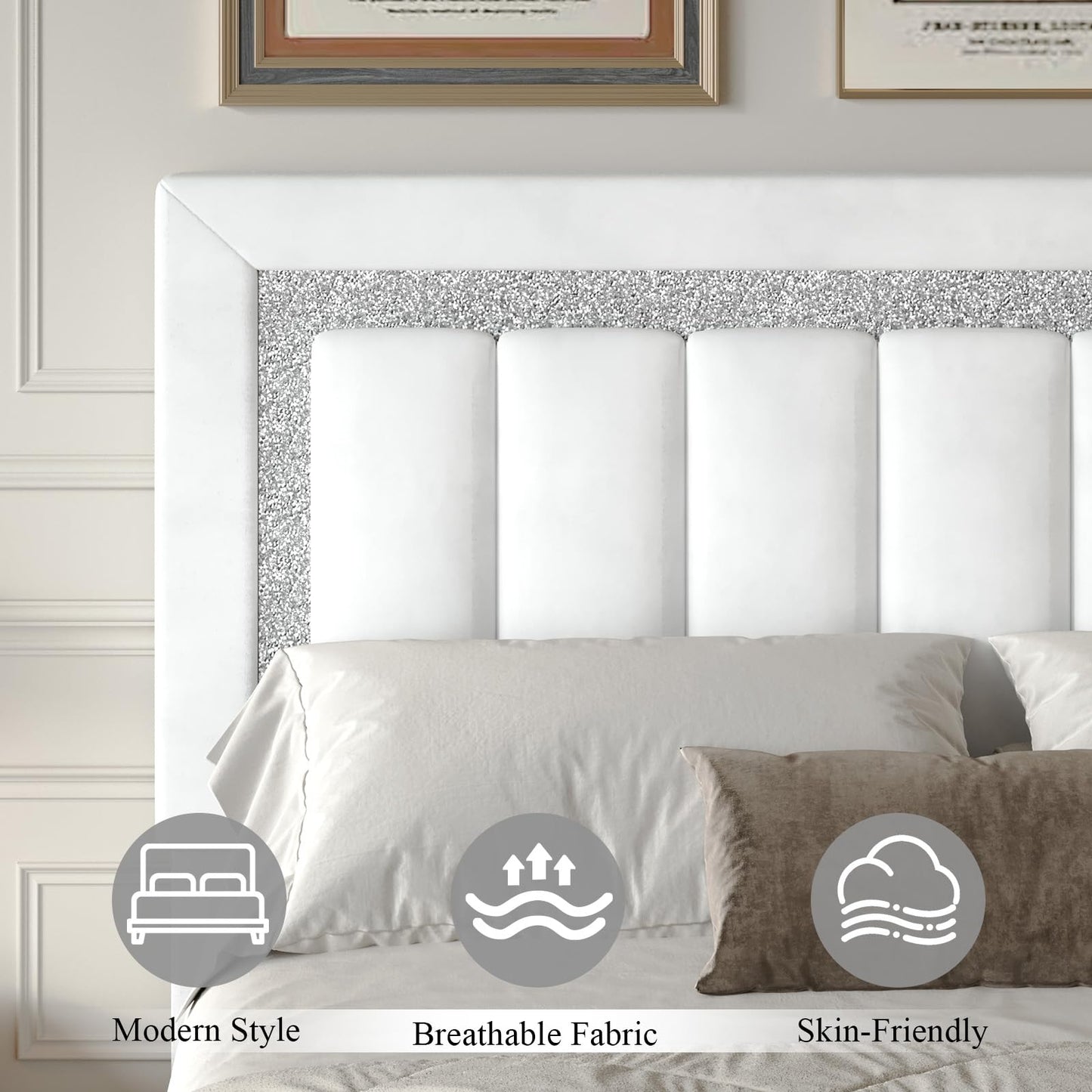 HOMBCK King Size Bed Frame with Diamond Velvet Headboard, Upholstered Bed Frame King with Wooden Slats Support, No Box Spring Needed, Noise Free, Easy Assembly, White