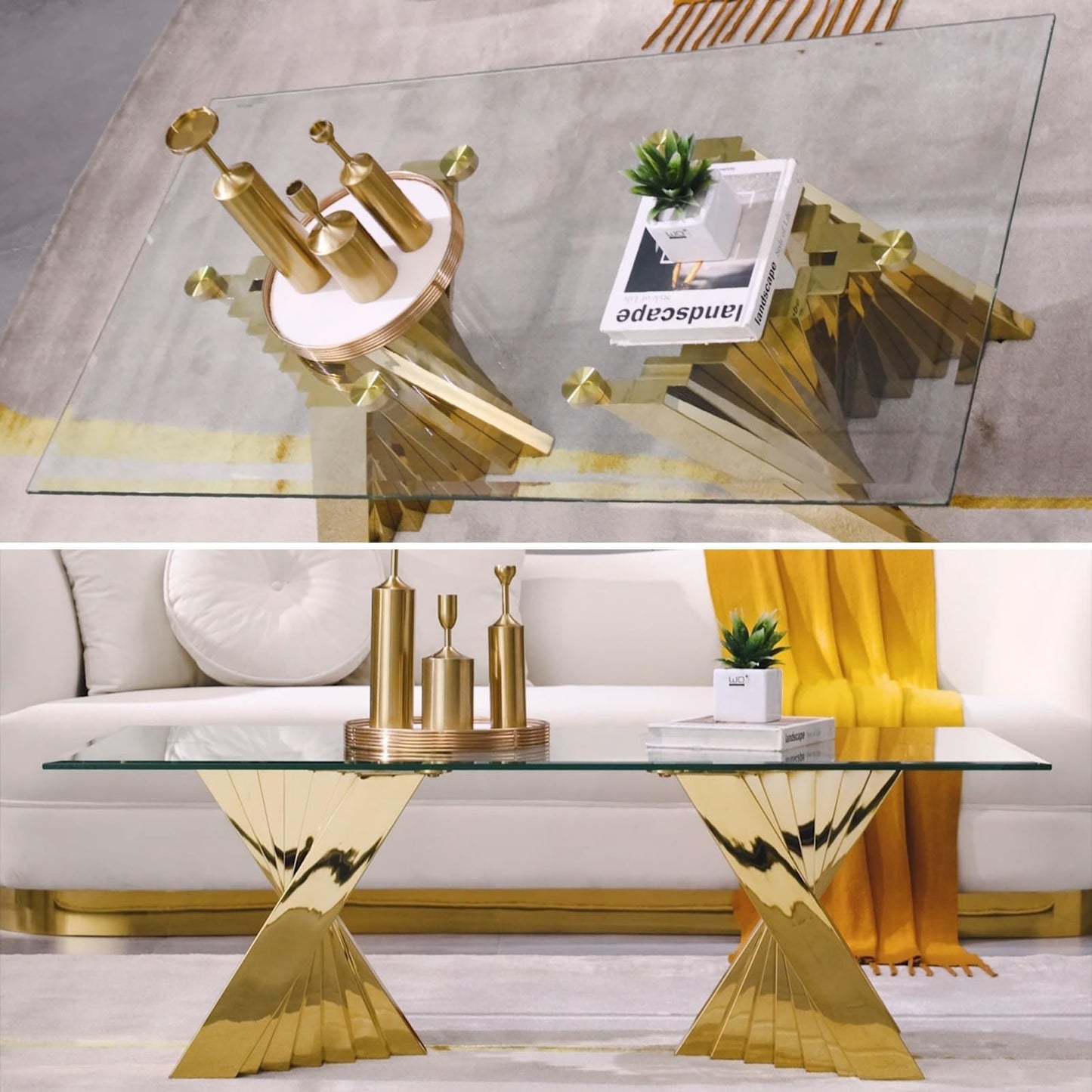 Anewsun Gold Coffee Table, 50" Rectangle Tempered Glass Living Room Coffee Table with Gorgeous Polished Stainless Steel Base